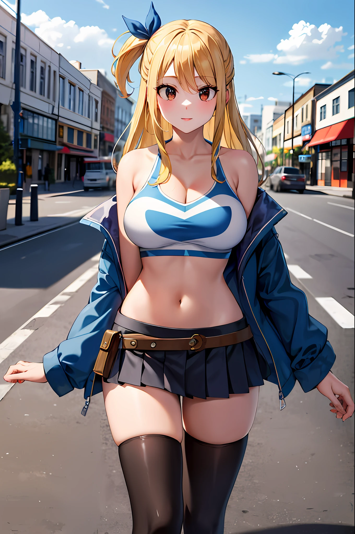 masterpiece, best quality, highres, lucy heartfilia, blonde hair, long hair, large breasts, jacket, crop top, bare shoulder, show stomach, belt, pleated skirt, cowboy shot, standing, looking at viewer, city road, outdoor, modern city road,