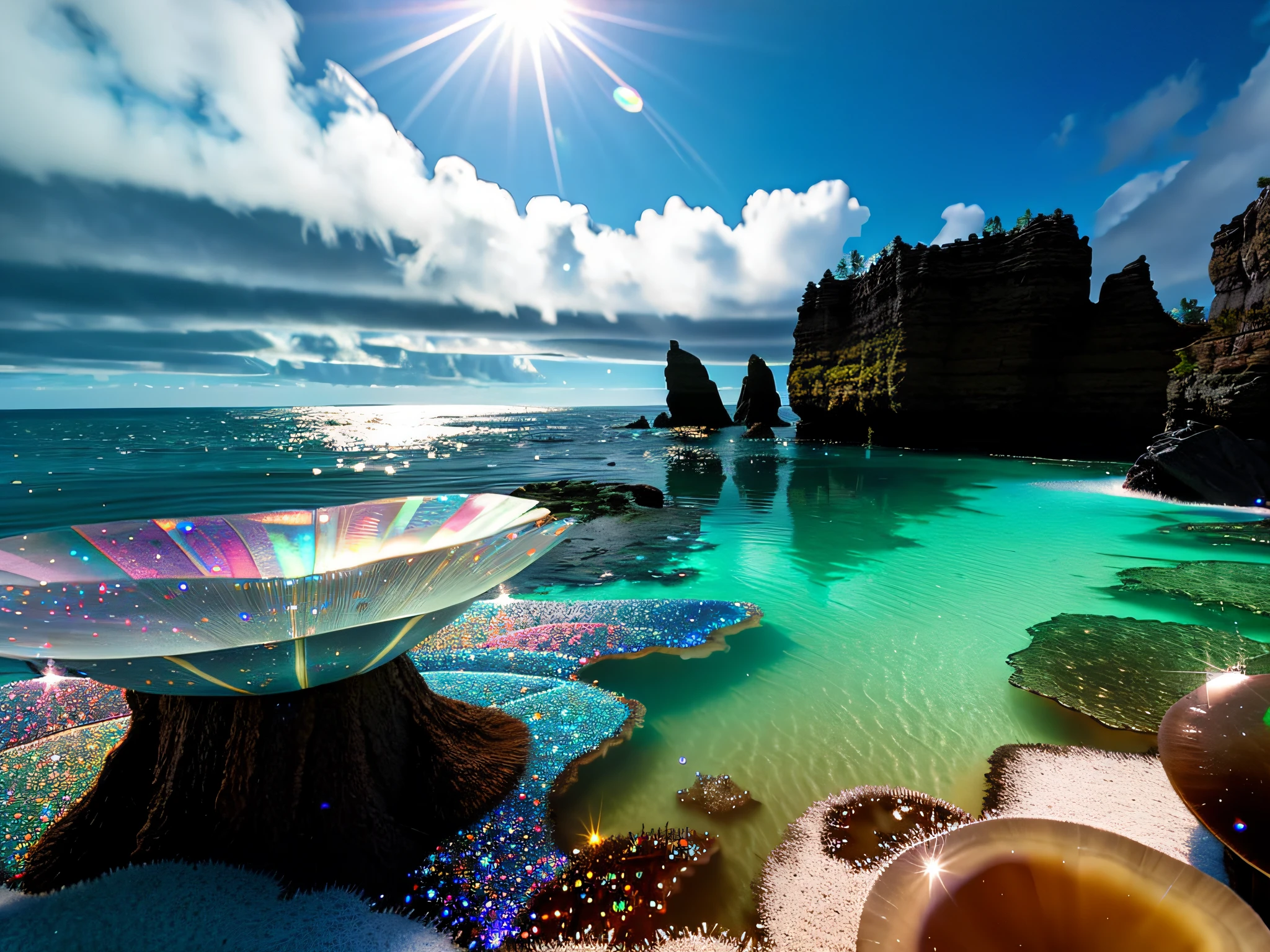 (((Skyrim view))), (hotsprings), (opalescent), (Photoluminescence), (((exotic floating flowers))), ((glowing mushrooms)), fantasy, clear, Cinematic RAW photo, hyper real photo, ultrarealistic, 8k uhd, dslr, soft lighting, high quality, film grain, Fujifilm XT3, photographed on a Kodak Retina II Sanyo Xacti VPC-CA6, 50mm lens, Wide Angle, HDR, hyper-realistic, colorgraded, volumetric lighting, [volumetric fog, moist], shallow depth of field, reflections, photo, (sparkling) splashing rainbows, glistening, (iridescent), glowing, rainbow, glimmering, shimmering, (foam), foamy, wet, dripping, (((crystals growing))), ((((secret treasure)))), misty, (mystical), enchanting, glittering, ((((masterpiece)))), ((((best quality)))), (detailed) ((8k)) ((HDR) ((HD))) (wallpaper) (cinematic lighting) (sharp focus) (intricate), trail, explore, (clear waves), moon rays, flickering lights, (fairies flying), beach, natural bridge, Sunrays shine, (seafoam), ((gems)), (((agates))), (hearts), (islands), lush, mist, steam, peaceful, magical, in focus, tranquil, falls