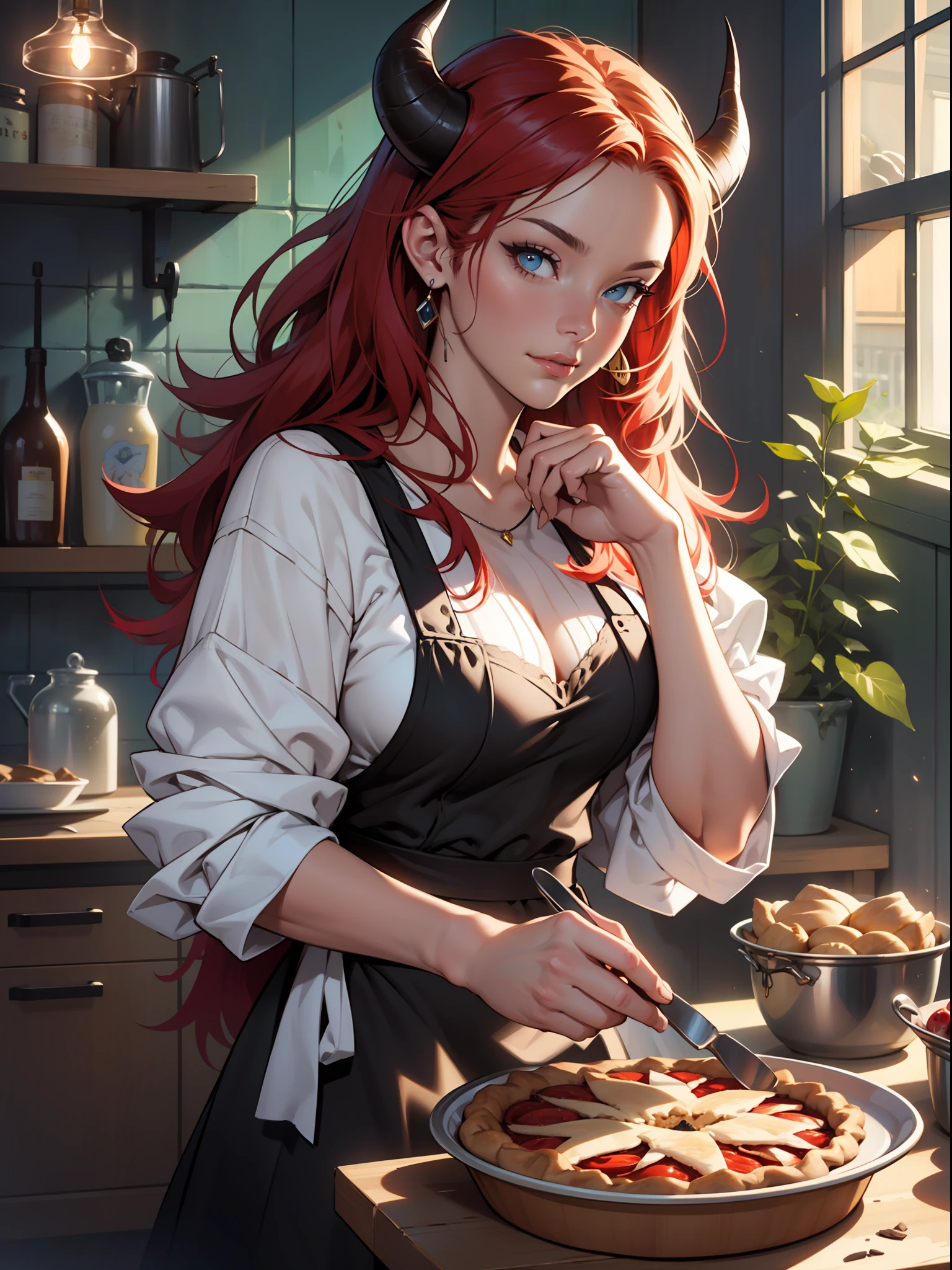 digital drawing, photorealism, surrealism, close-up, cheerful demoness, baking pies in the kitchen, in home clothes, perfect cute face, long red hair, horns, dynamic lighting, outstanding work, masterpiece, gothic fantasy, high quality, clear lines, concept-artistic portraits in 4k format, dynamic lighting, high detail, artfully executed drawings, Ann Stokes, Victoria Francis, Charlie Bowater