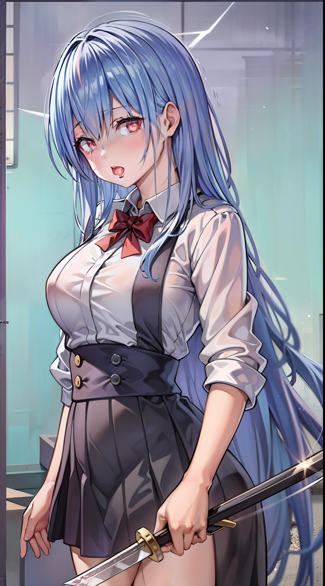 アニメ,beste Quality,a beautifulchi girl,Standing Picture,Long black hair,yandere,Emo,Holding a Japan sword,A sexy,dynamism,Black School Uniform
