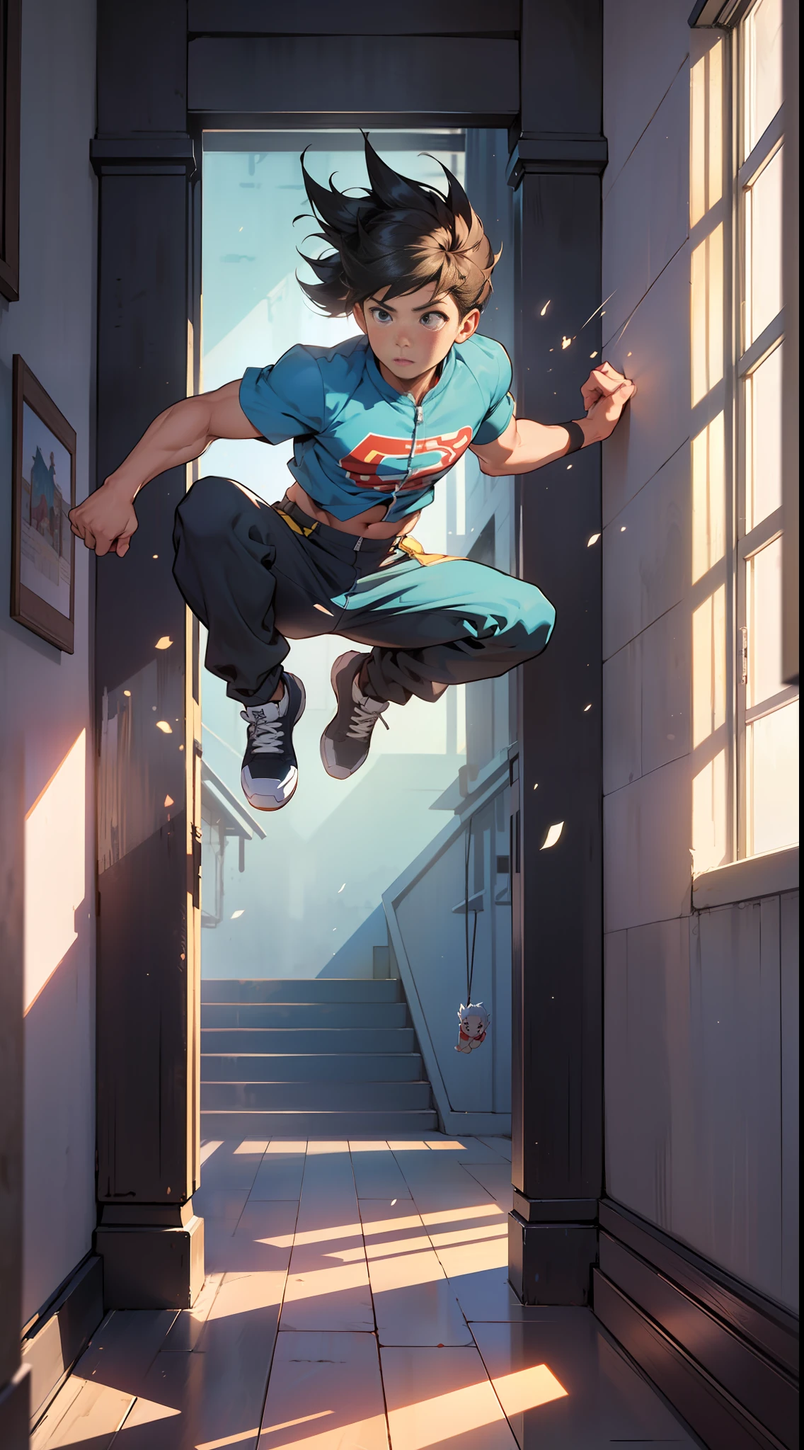 32k, best quality, masterpiece, super detail, high details，A screenshot of a cartoon character leaping into the air in a tall room, in the style of shilin huang, xu bing, light black and dark azure, gu hongzhong, matte photo, outrun, smooth and shiny
