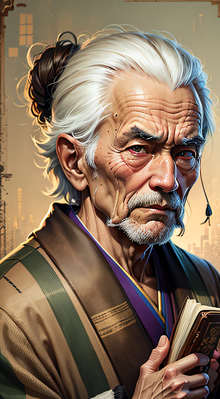 Oriental old man, vicissitudes, bronzed skin, sage, wise old man, real, robed, holding a book, looking straight ahead, front