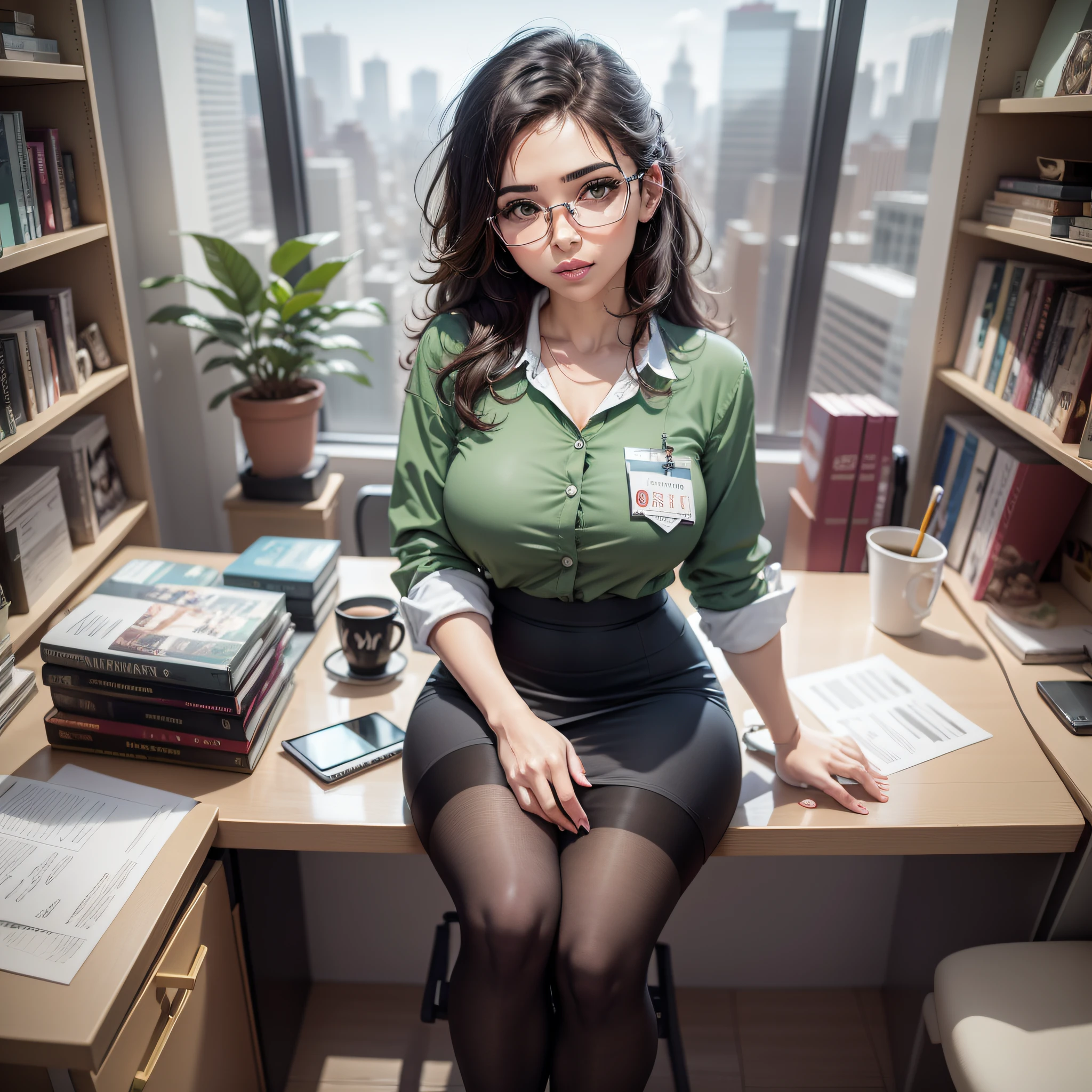 Mulher de cabelos loiro curto, com olhos verdes de oculos, social dress of work in office, Sitting on top of an office desk with sexy and captivating Olgar, olhos perfeitos, rosto perfeito, imagem de corpo inteiro, com sapato de salto, and in the office in the background a large, janela aberta com vista para uma cidade grande, imagem perfeita, alto detalhes, Foto realista