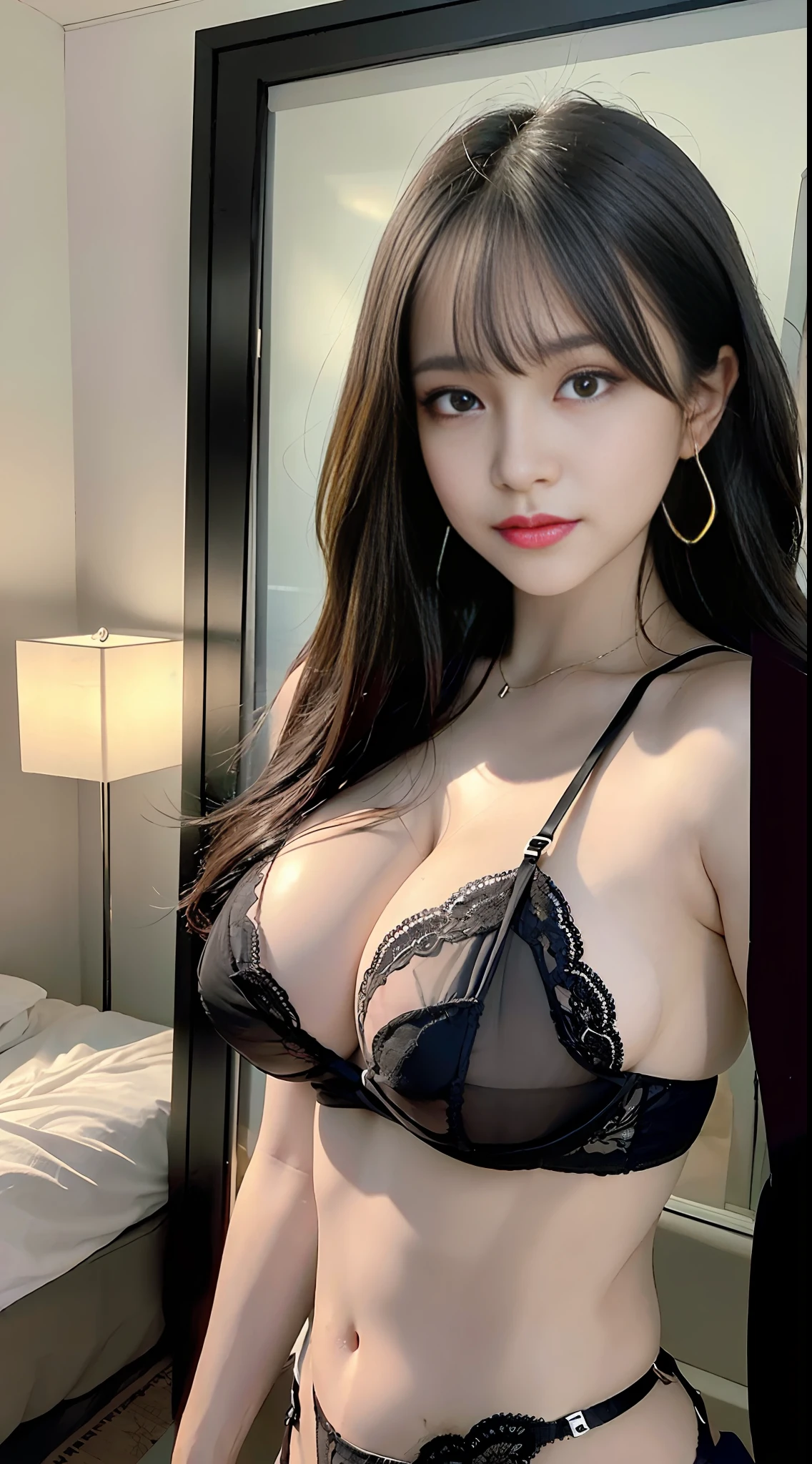 (8k, RAW photo, highest quality, masterpiece:1.2), ultra detail, ultra high resolution, (photorealistic, photorealistic photo:1.37), portrait, high detail RAW color photo, professional photo, extremely delicate and beautiful, extremely detailed, 8k wallpaper, amazing and detailed detail, huge file size, official art, highly detailed CG Unity 8k wallpaper, very detailed beautiful woman, very detailed face, very detailed eyes, very detailed skin, Very detailed fingers, very detailed nose, very detailed mouth, perfect anatomy, very detailed background, very detailed clothes, 1girl, (25 years old:1.2), 20s, cute woman, realistic body, petite, fair skin, radiant skin, slender body, handsome body, black hair, short hair, (blunt bangs:1.2), smile, youth, realistic face, delicate eyes, drooping eyes, lingerie, see-through, earrings, viewer view, cowboy shot, facing front, standing posture, contraposto, dynamic lighting, very big breasts, cowboy shot, bed, bedroom, indoor, shadow