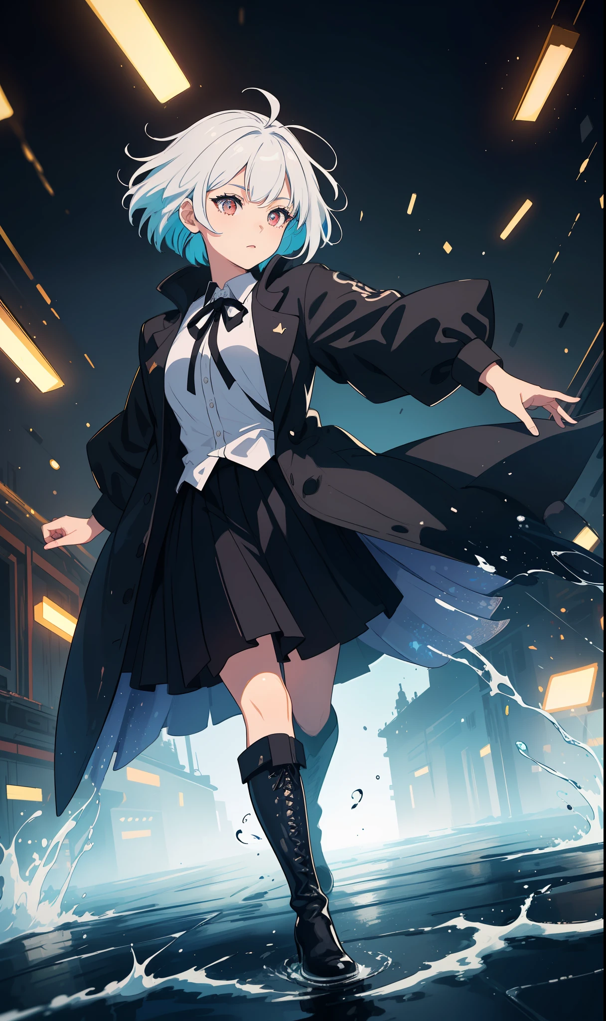 (masterspiece:1.2、beste Quality)、(Beautiful Eyes of Details:1.2)、(Extremely detail CG unity 8k wallpaper、masterspiece、beste Quality、Ultra detailded、Best Shadows)、(detailed backgorund)、(Beautiful detailed face、Beautiful detailed eyes)、high-contrast、(best illuminate、extremelydelicateandbeautiful)、1girls、((Splashing colorful paint isolated on transparent background、dulux、))、Dynamic Angles、beautiful detailed brilliance、s whole body、cow-boy shot、white gray hair、short-hair、Red eyes、Beautiful eyes、long coat of black color、long skirt of black color、Black boots、The girls1people、Onegirl、((Full of dynamism))、backgrounds((Simple light-up))