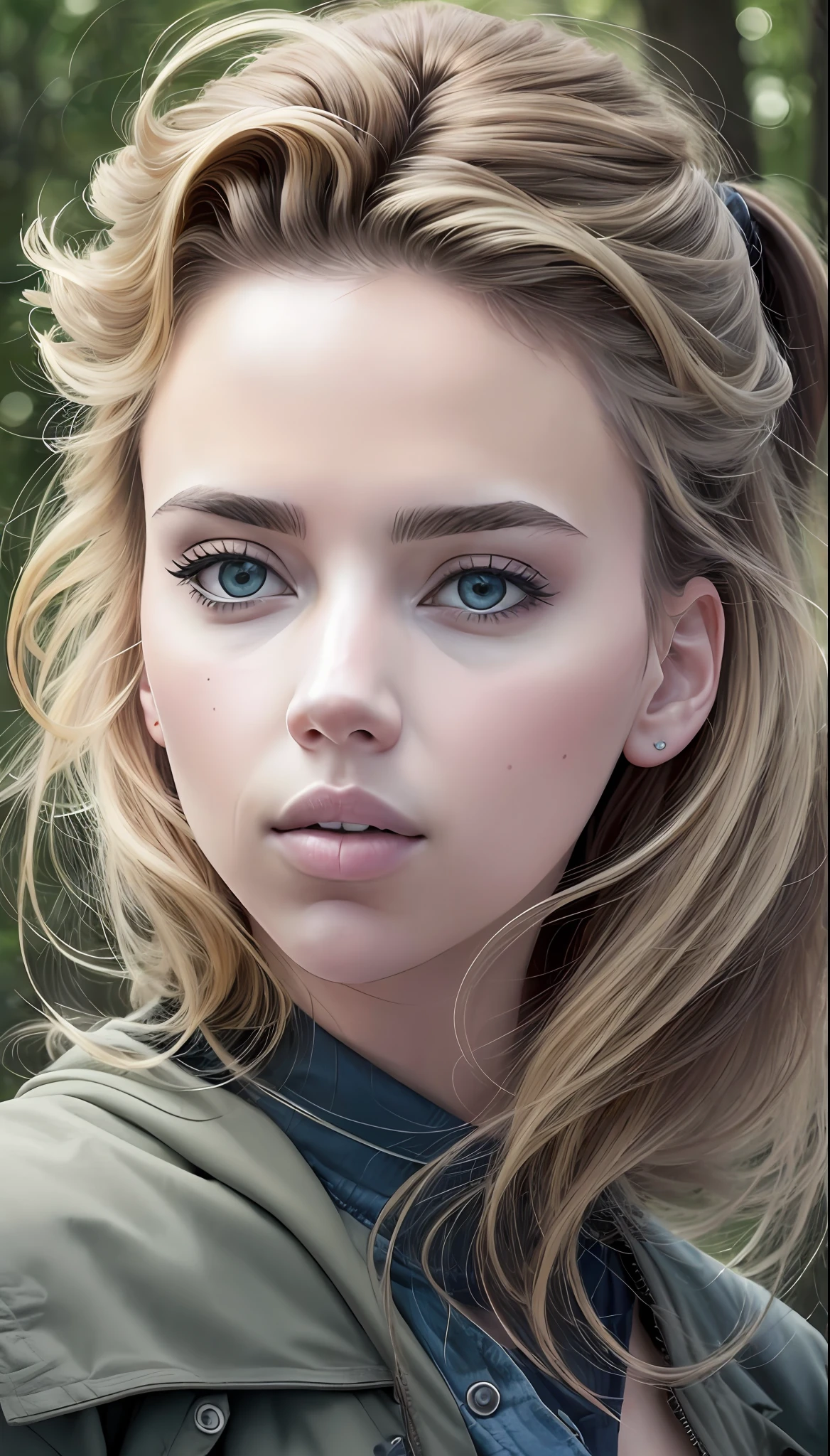 uma mulher com rosto semelhante a Scarlett Johansson misturado com a Jennifer Lawrence, com roupa elfica, (obra-prima: 1.5), (melhor qualidade), (fotorrealista:1.6), 8k, (textura de pele detalhada), textura de tecido detalhada, rosto detalhado bonito, detalhes intrincados, (ultra detalhado: 1.6), (uma floresta no fundo),