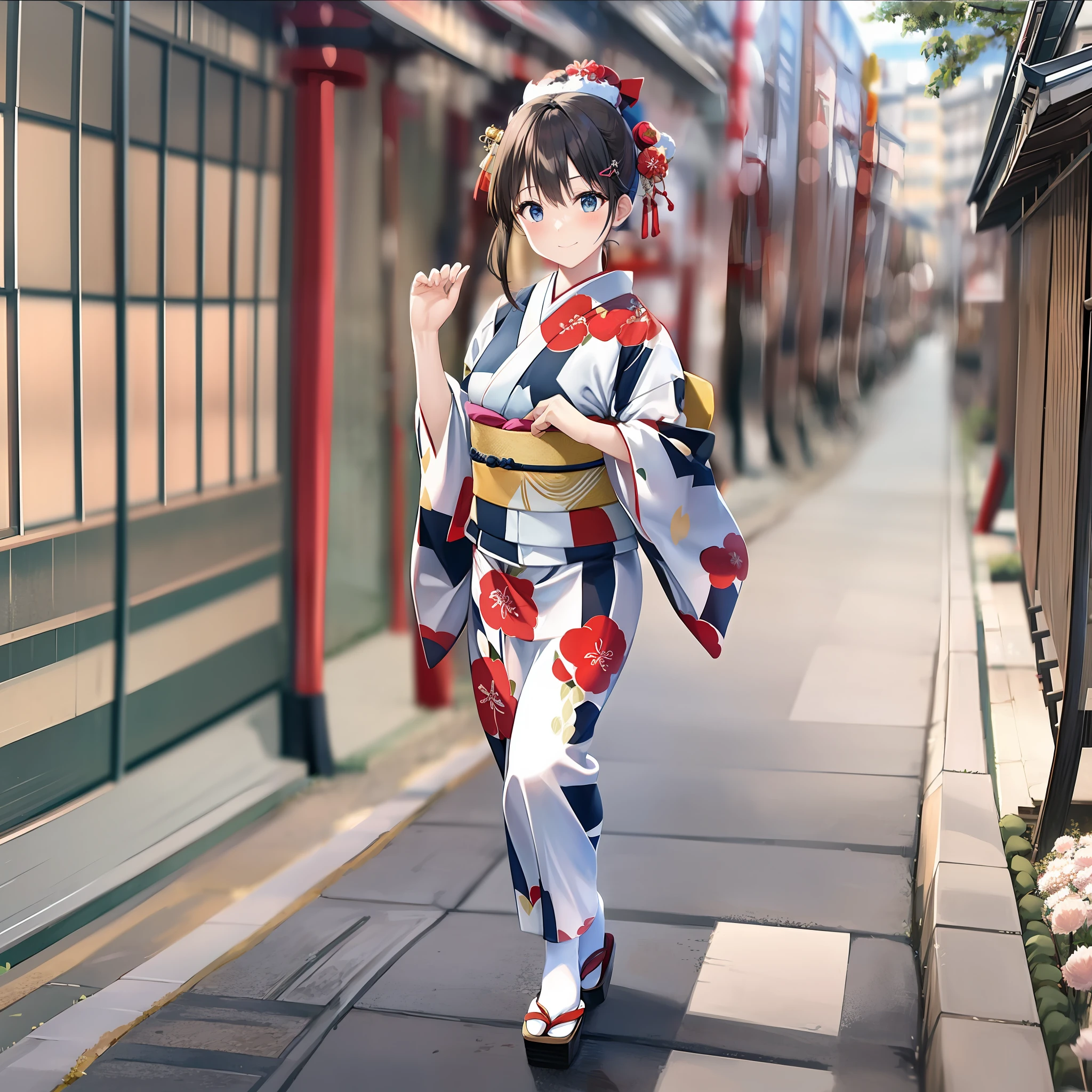 1woman, Japanese, (beautiful:1), kimono, walking, jumping, Kyoto, masterpiece, 8K