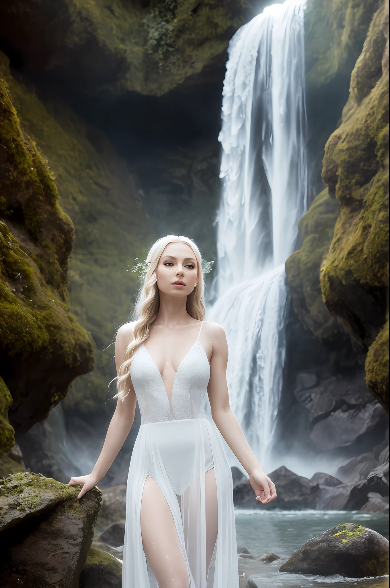 Galadriel from Lord of The Rings, white blonde hair, high detail transparent bodycon plunging Elven gown, standing under a waterfall, wet, ethereal, powerful, magical, 8k, (insanely detailed:1.5), full body photograph, 20 megapixel, canon eos r3, detailed skin, pale skin, Lothlorien background