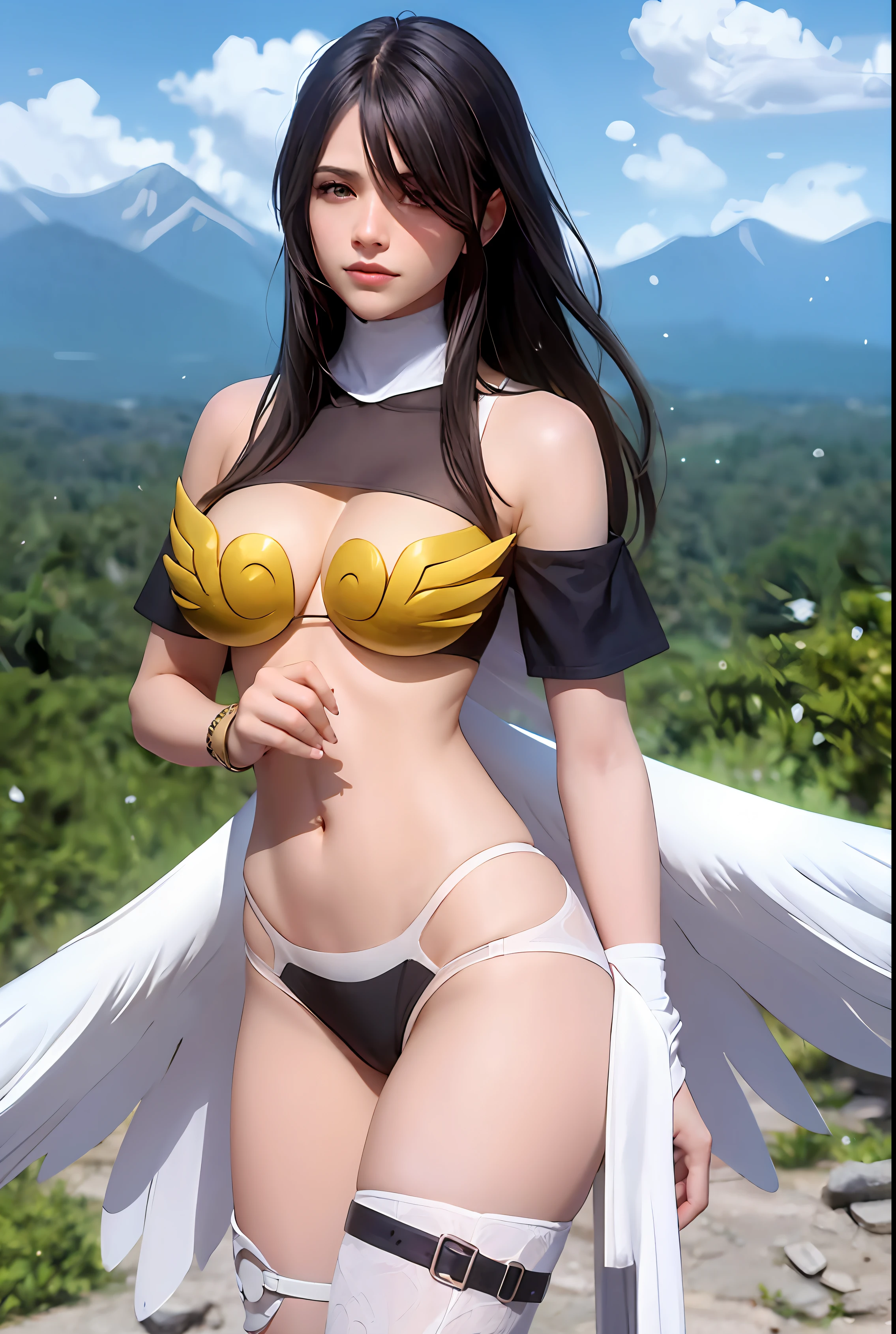 Obra maestra, Calidad superior, High resolution, Manic Details, shigh definition, alta calidad, Cara detallada,Angewomon, Digimon, extremidades corporales detalladas, Detalles de los dedos, Mujer, cabello rubio, tetas grandes, pose sexy, nubes, cielo azul, mountains, nieve.