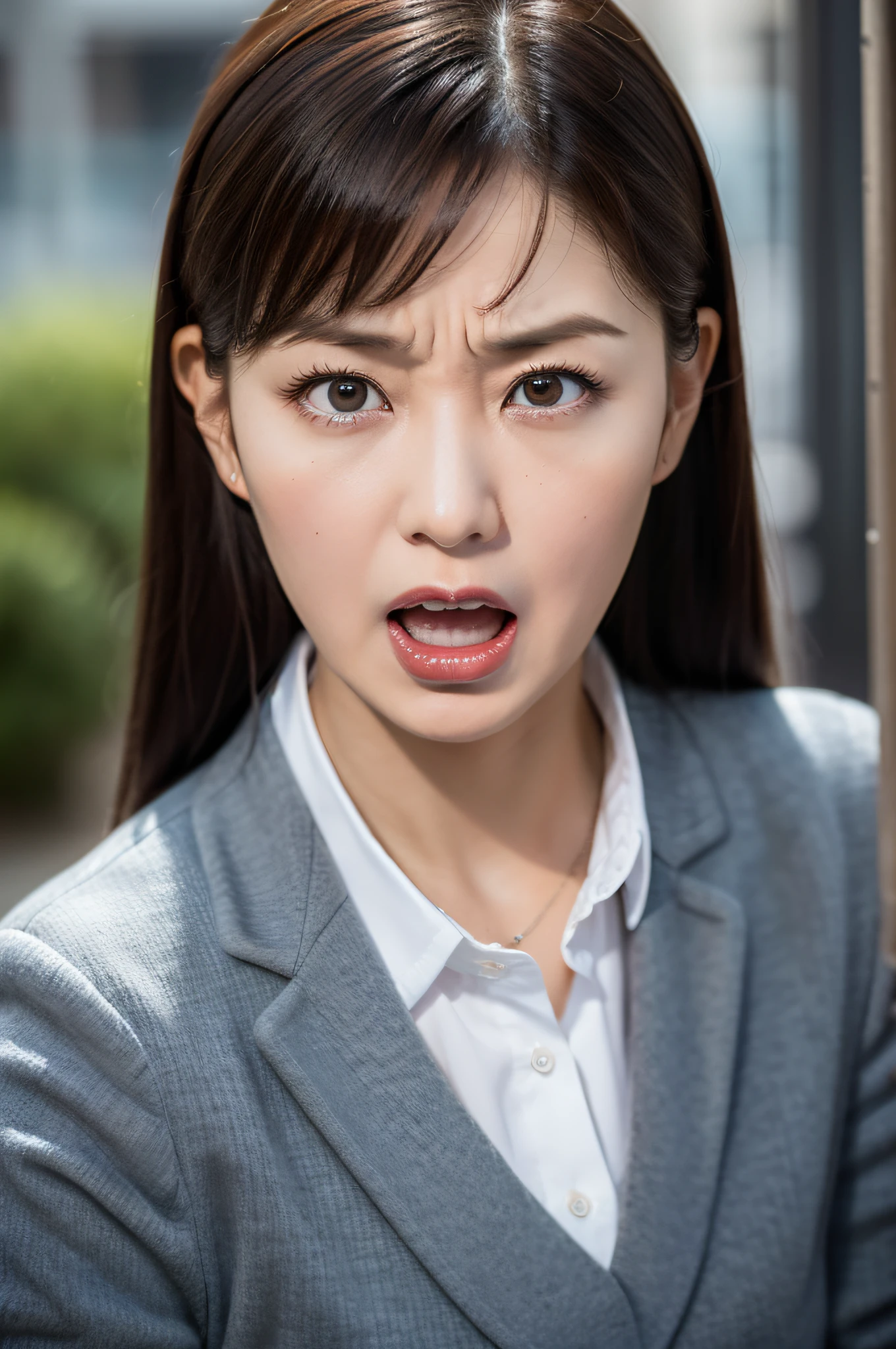 (((anger)))、Angry eyes、Angry eyebrows、Angry mouth、menacing、beste Quality、in 8K、masterspiece:1.3、Sharp focus:1.2、Woman with perfect body shape:1.4、Realistic rays、slacks、School teacher、Bangs、