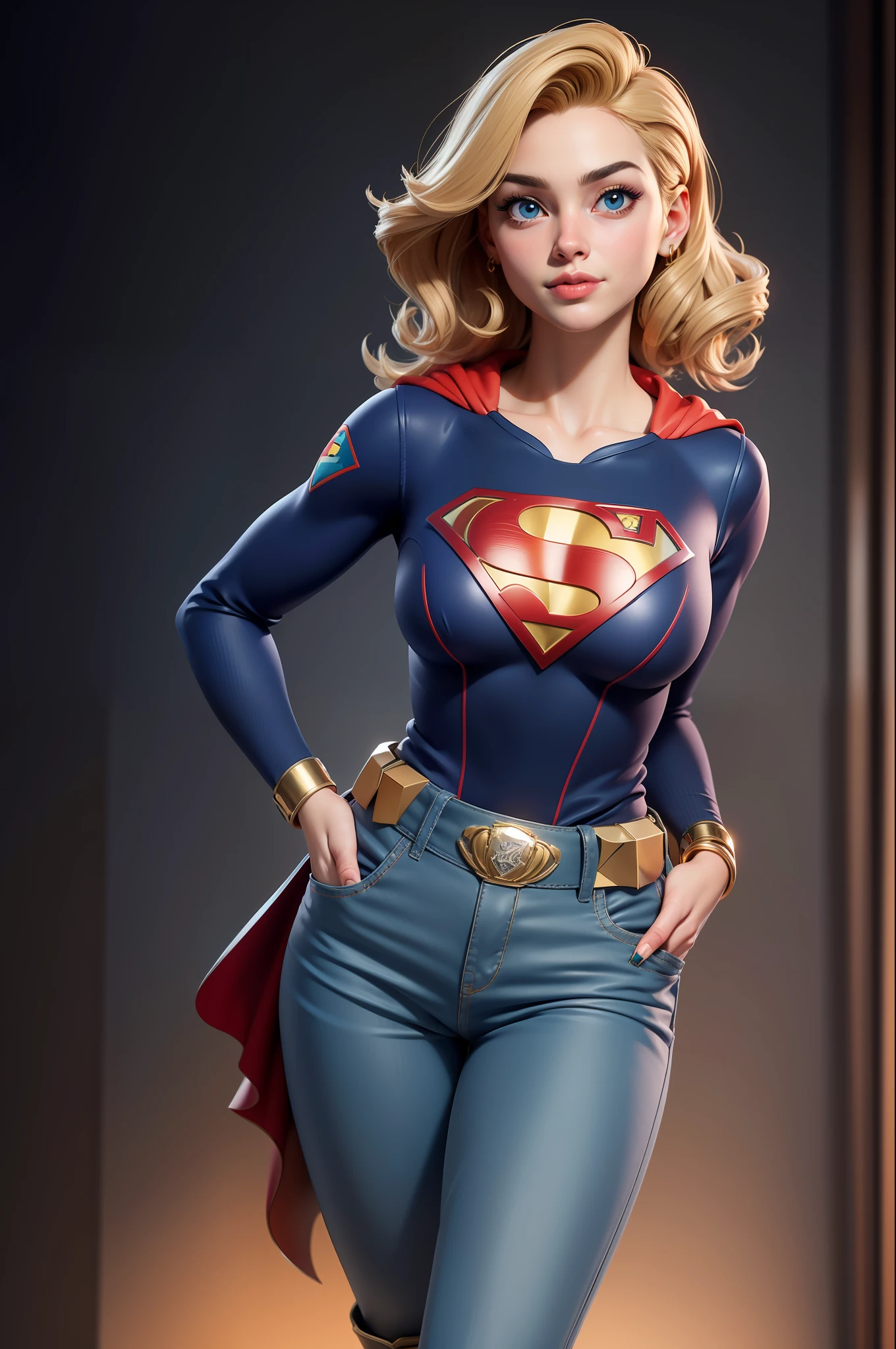 Estilo 3DMM,(Masterpiece, Qualidade Superior, melhor qualidade, cabelos loiro longos, Realistic, 1Menina, 20 anos, garota, melhor qualidade, detalhes intrincados, Olhando para o Viewer, ultra realista 8k CG, imagem rosto perfeito, Impeccable, limpo, Masterpiece, arte profissional, obras de arte famosas, film lighting, filme Bloom, rosto perfeito, beautiful face, Olhos azuis bonitos, blue police uniform Short-sleeved Supergirl, design ajustado, com letra S do superman
no peito, gold trim, brass buttons, peito duplo, gola alta , faixa preta e dourada, luvas de couro pretas, police badge, utility belt with pockets, algema, ammo, blue pants, botas de couro pretas, detalhes dourados,