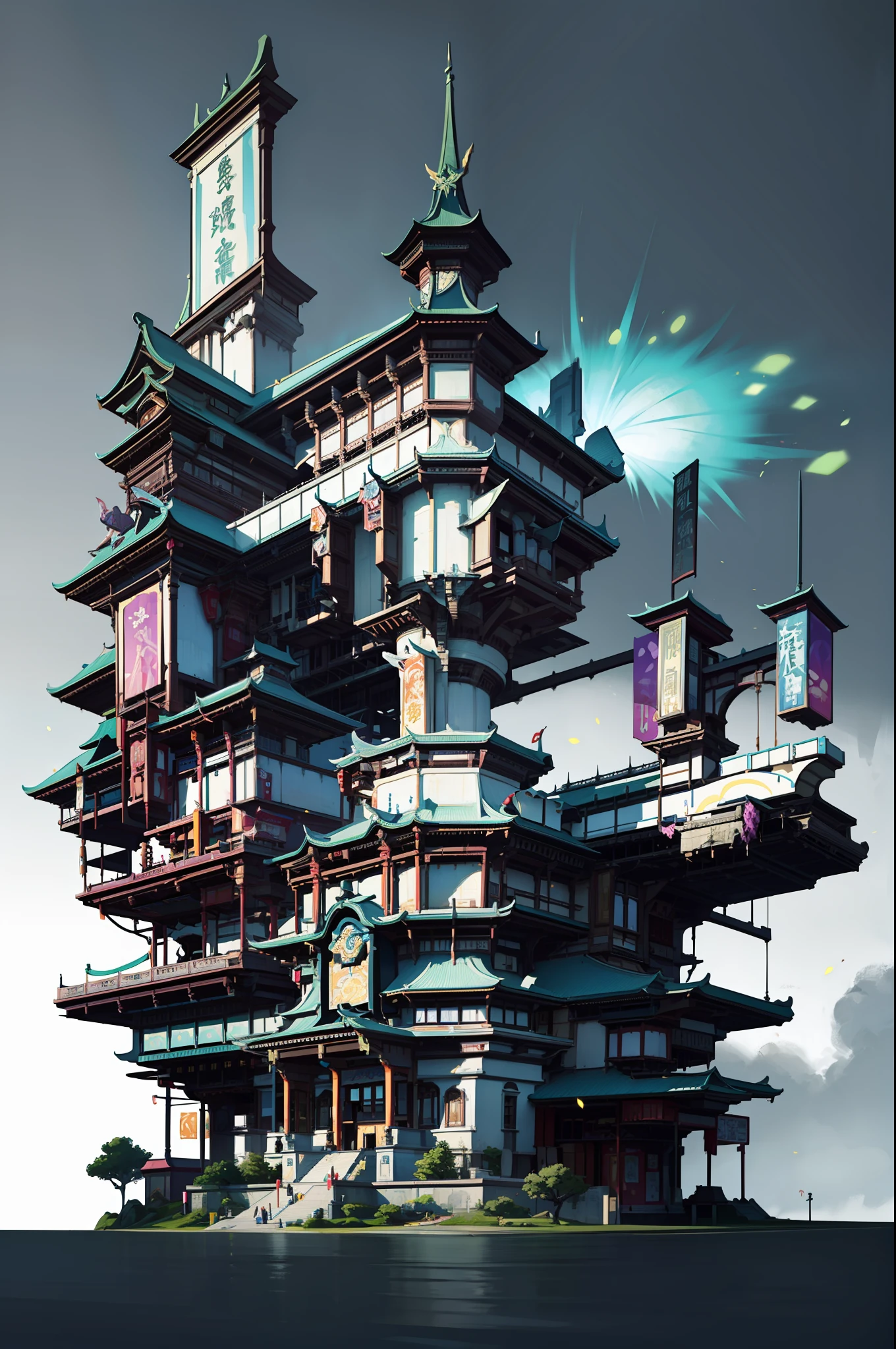 Game Academy，Ethno-style architecture，Ancient Chinese，Structurally sound、high-definition details，Science fiction，neon lit，The cyberpunk，Hologram aura，Particle effects，perfect works，White background，（杰作，premier quality，best qualitiy，officlal art，Beauty and aesthetics：1.2），（8K，best qualitiy，杰作：1.2）