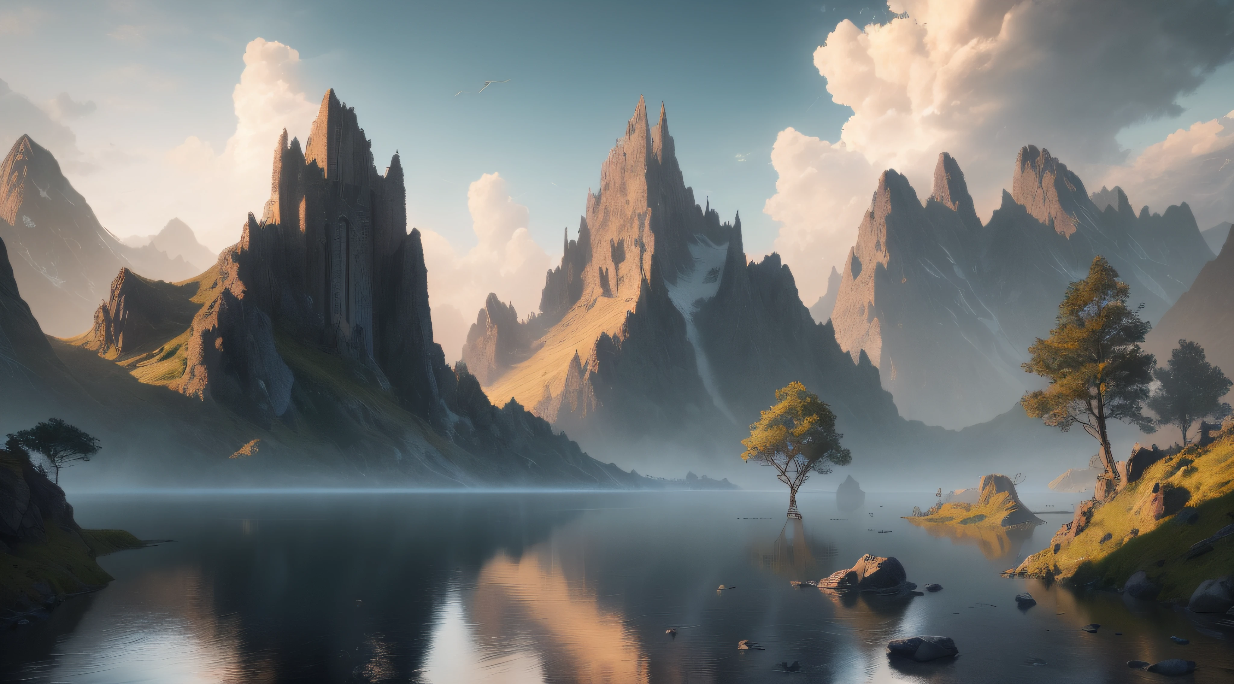 Masterpiece, best quality, high quality, extremely detailed CG unity 8k wallpaper, landscape, outdoor, sky, cloud, sky, no humans, mountain, landscape, water, tree, blue sky, waterfall, cliff, nature, lake, river , cloudy skies, award winning photography, bokeh, depth of field, HDR, bloom, chromatic aberration, photorealism, very detailed, trending on artstation, trending on CGsociety, intricate, high detail, dramatic, midjourney art
