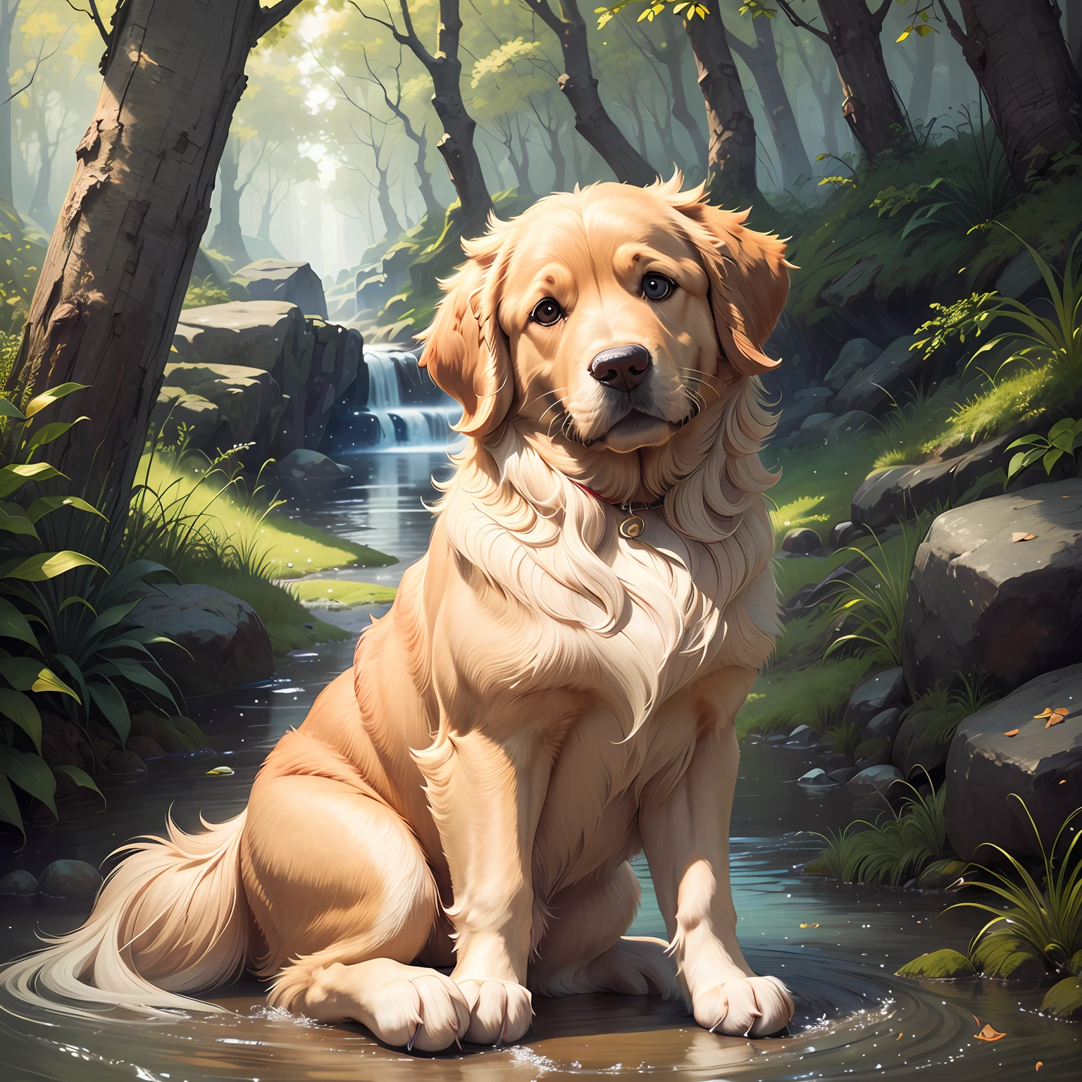 Golden retriever, MG mao, (Orejas largas: 1.3), cara texturizada, Exquisite visuals, shigh definition, obras maestras, peces, ojos azules, sin humanos, enfoque animal, boca abierta, mirando al espectador, perro, bajo el agua, burbuja, solo, nadando, peces sumergido, --auto