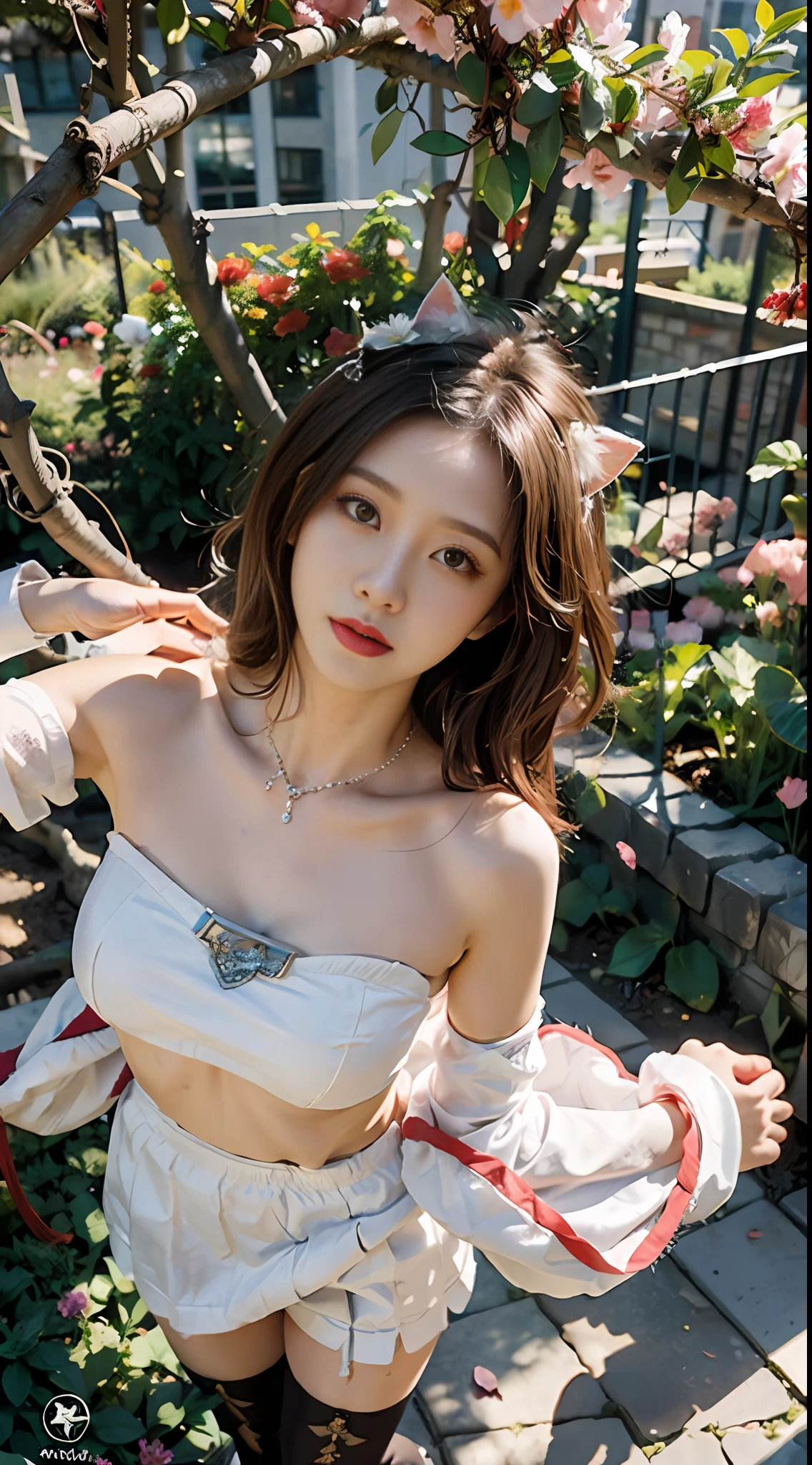 (Bird's eye view of the city),(Garden-like city below:1.4),(The high-rises of the future crisscross the sea:1.2),(Beautiful girl standing on the edge of the waterfall)，Bare shoulders, fcollarbone, Pleated skirt, bottomless, g-string,, Pink hair, Long hair, head phone, Female solo, Cat ears, grab chest, Medium breasts, gargantilha, boots, pink thighhighs, Bokeh, Uncensored, cover, head out of frame, Pink theme, petals,(((Masterpiece))),(((Best quality))),((Ultra-detailed))((Extremely detailed CG)),((16k wallpaper))((An extremely delicate and beautiful)),{Photorealistic},Full body, Detailed light,full bloom,,,A masterpiece from the Canon EOS R6 shooting,((杰作)) ,cinematiclight,Unreal Engine 5,the creamy smooth skin,underbust