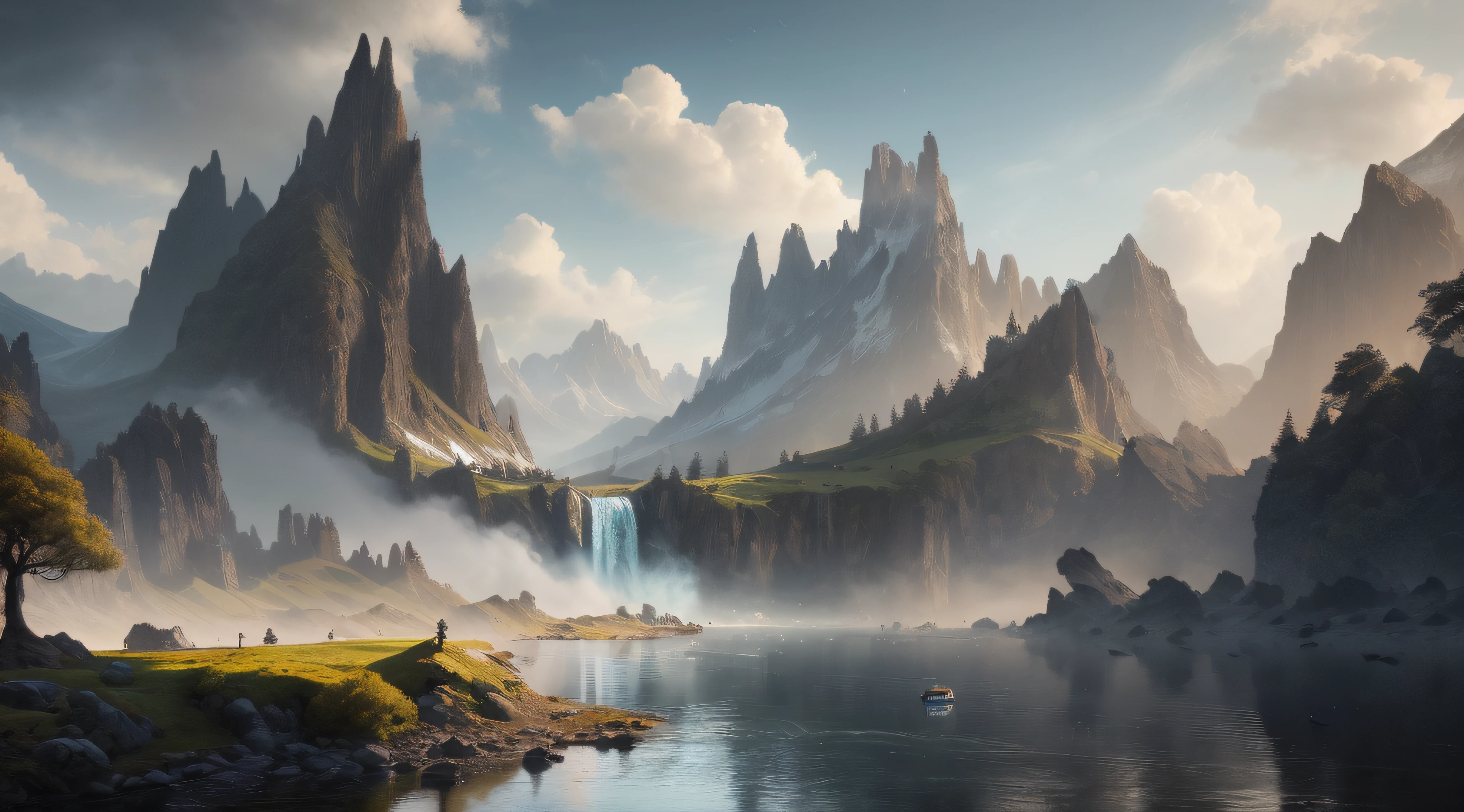 Masterpiece, best quality, high quality, extremely detailed CG unity 8k wallpaper, landscape, outdoor, sky, cloud, sky, no humans, mountain, landscape, water, tree, blue sky, waterfall, cliff, nature, lake, river , cloudy skies, award winning photography, bokeh, depth of field, HDR, bloom, chromatic aberration, photorealism, very detailed, trending on artstation, trending on CGsociety, intricate, high detail, dramatic, midjourney art