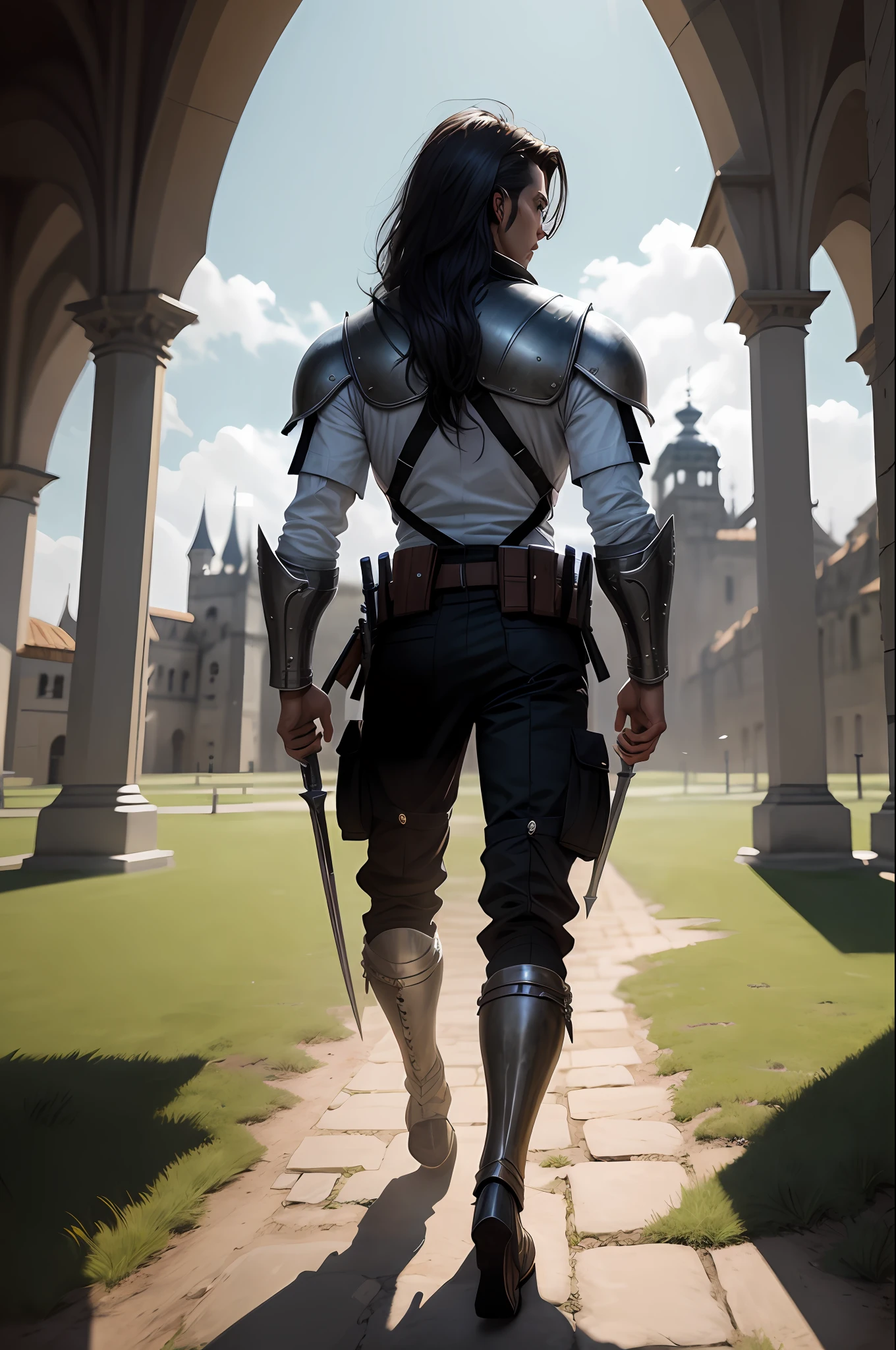 (4k ,ultra detalhado:1.2),(anime:1),illustation,(fotorrealista:1), (solo:1.2),(standing on),(full_body:1.2), (fundo simples,:1.4), (ao ar livre, paisagem, campo de batalha medieval,campo aberto, luz do dia: 1.2), guerreiros medievais em batalha, nuvem de cogumelo, dragons over the skies, (elmo medieval, espada, sobretudo de malha desgastado, cargo pants: 1.2), (supermodelo: 1.4), (quadris largos: 1), (cabelo preto), ww1ger,