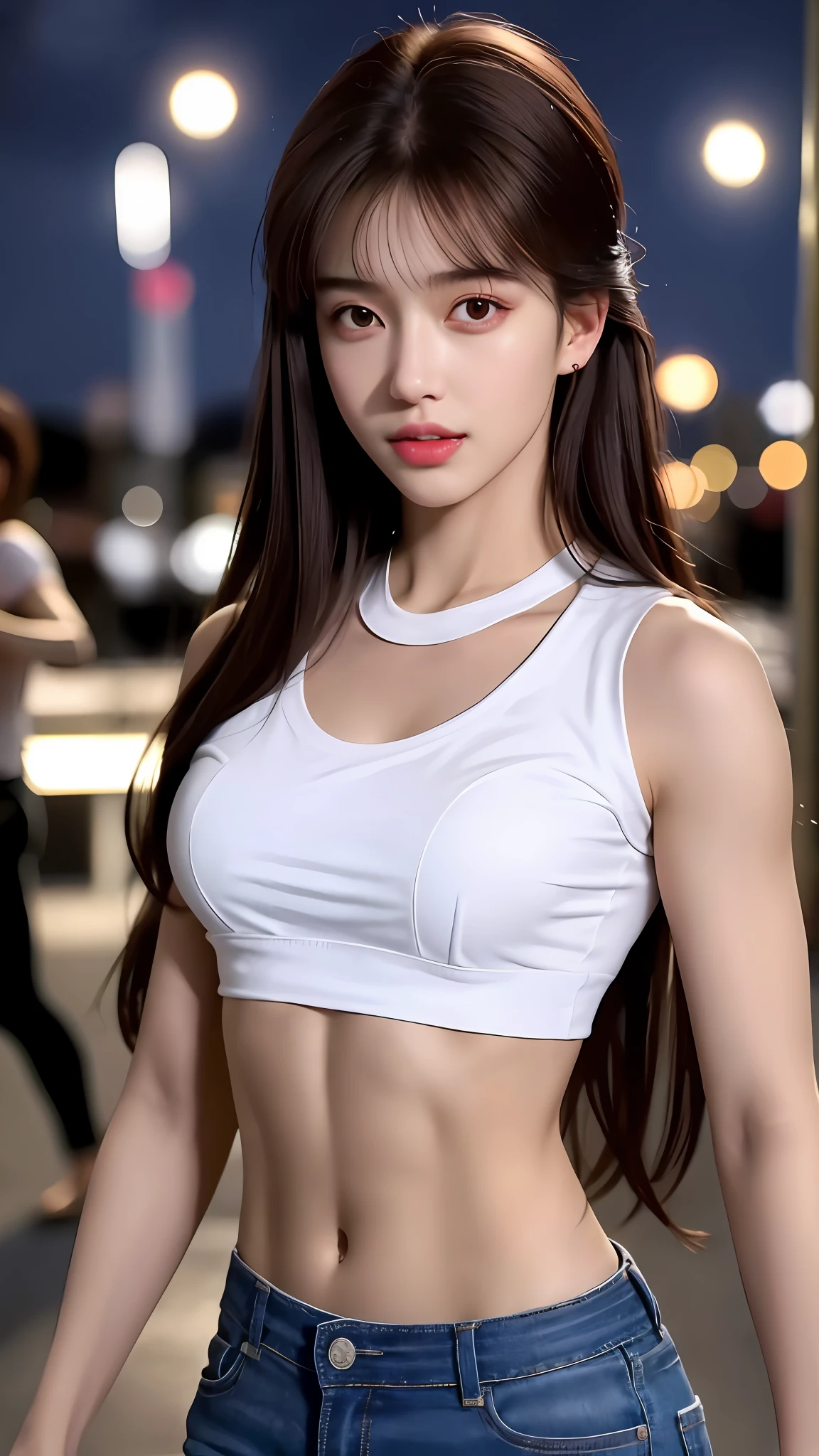 ((Realistic lighting, Best quality, 8K, Masterpiece: 1.3)), Clear focus: 1.2, 1girl, Perfect Figure: 1.4, Slim Abs: 1.1, ((Dark brown hair)), (White crop top: 1.4), (Outdoor, Night: 1.1), City streets, Super fine face, Fine eyes, Double eyelids,