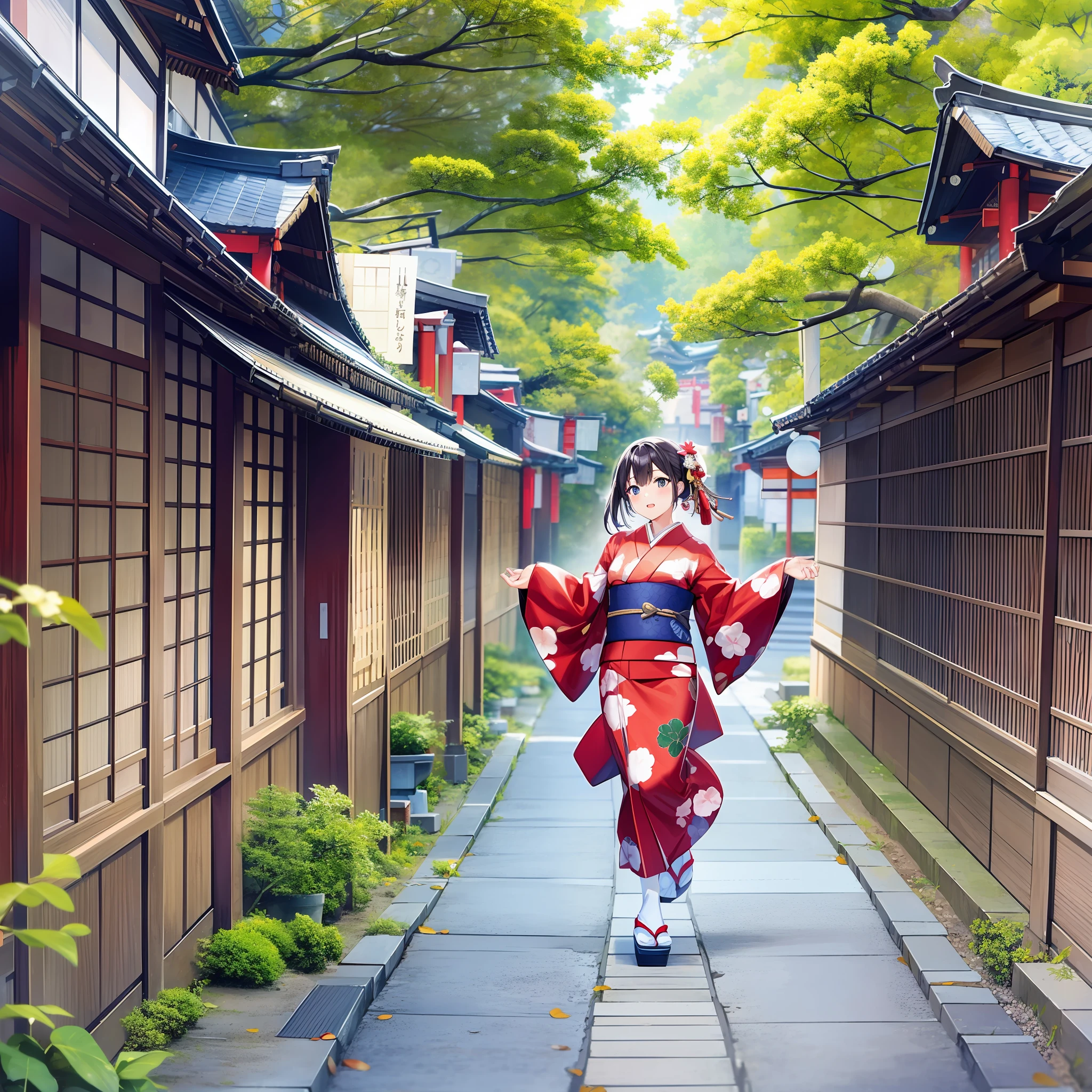 1woman, Japanese, (beautiful:1), kimono, walking, jumping, Kyoto, masterpiece, 8K