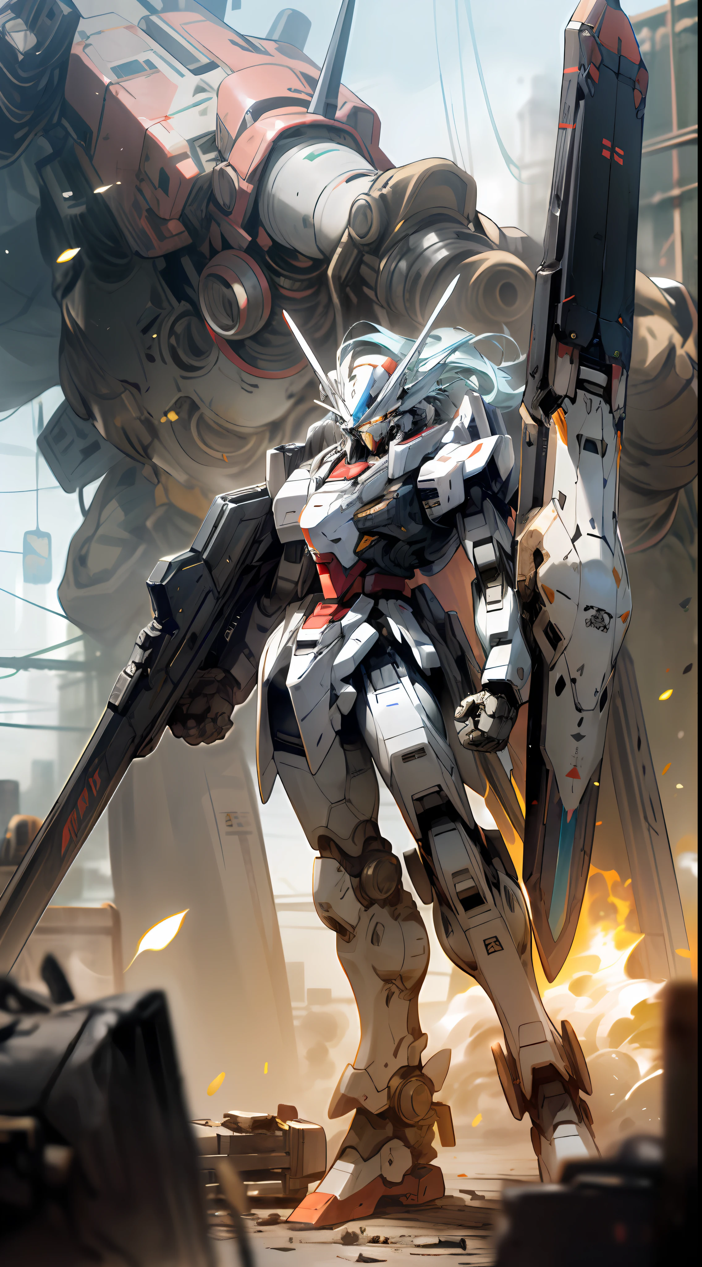 Surrealism, ray tracing, UHD, high details, 8k, best quality, textured skin, Gundam mech, masterpiece, best quality, mecha, unmanned, (full body), (white mech: 1.5), (axisymmetric: 1.4), (HDR), (movie light: 1.1), white eyes, cool, science fiction, fire, laser cannon beam, war, conflict, destroyed city background handheld weapon, (Holding a huge weapon: 1.5), holding an oversized shield, mech man,