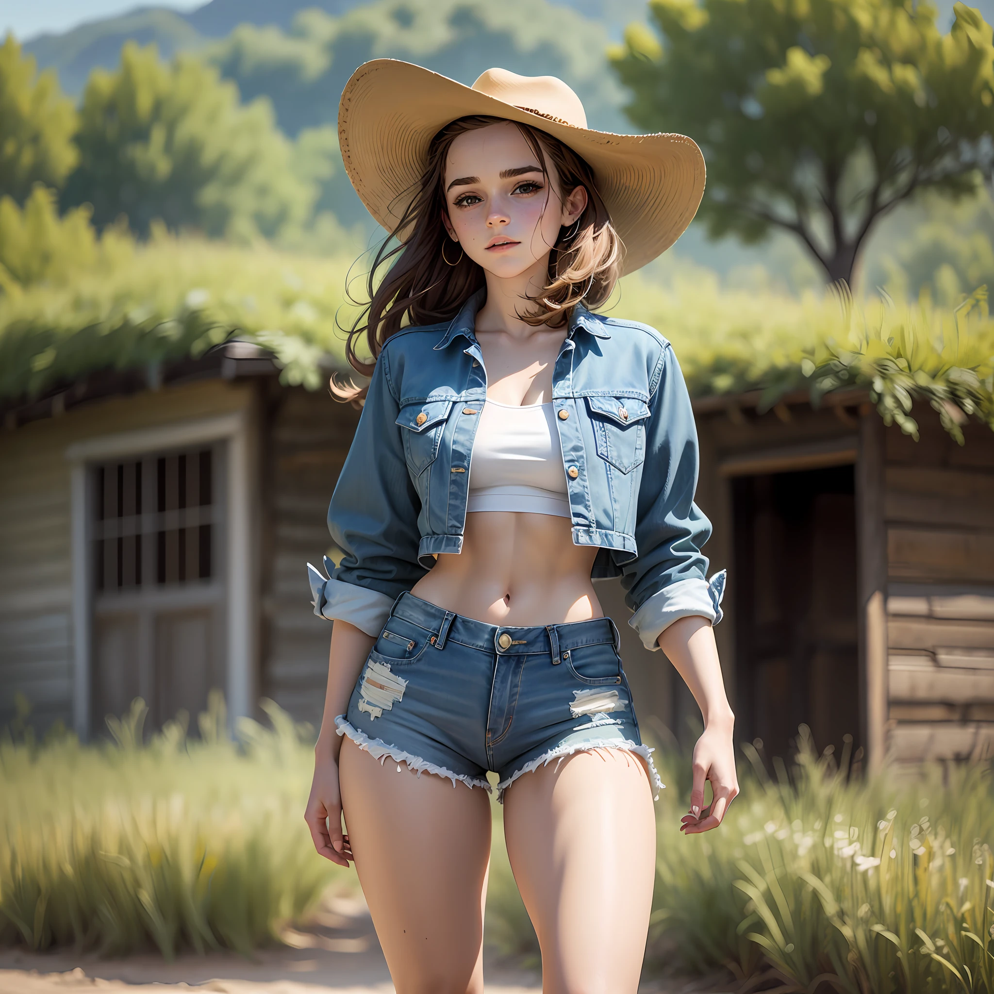 teen emma watson walking on the ranch. slender and perfect figure. tight denim shorts. crop top. freckles, beautiful face. masterpiece, intricate detail. cowboy hat.