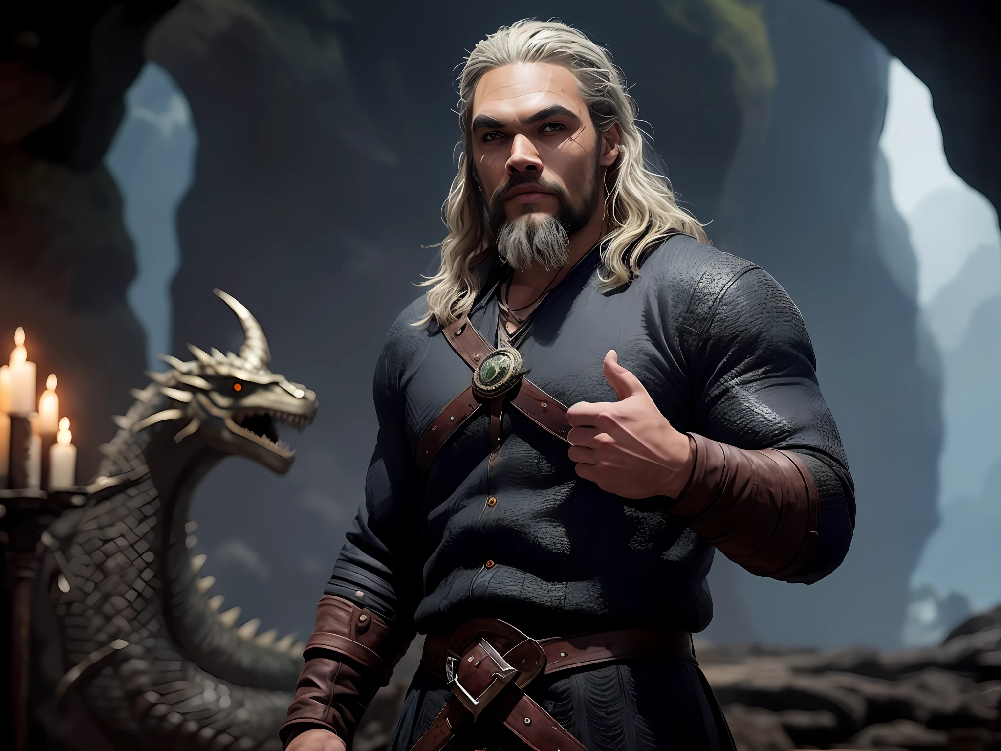 a man with a beard and a sword in a cave, jason momoa as assyrian, from witcher (2021), jason momoa, jormungandr, henry cavill as geralt of rivia, jörmungandr, karl urban as a dragonslayer, greybeard, jason momoa as conan --auto