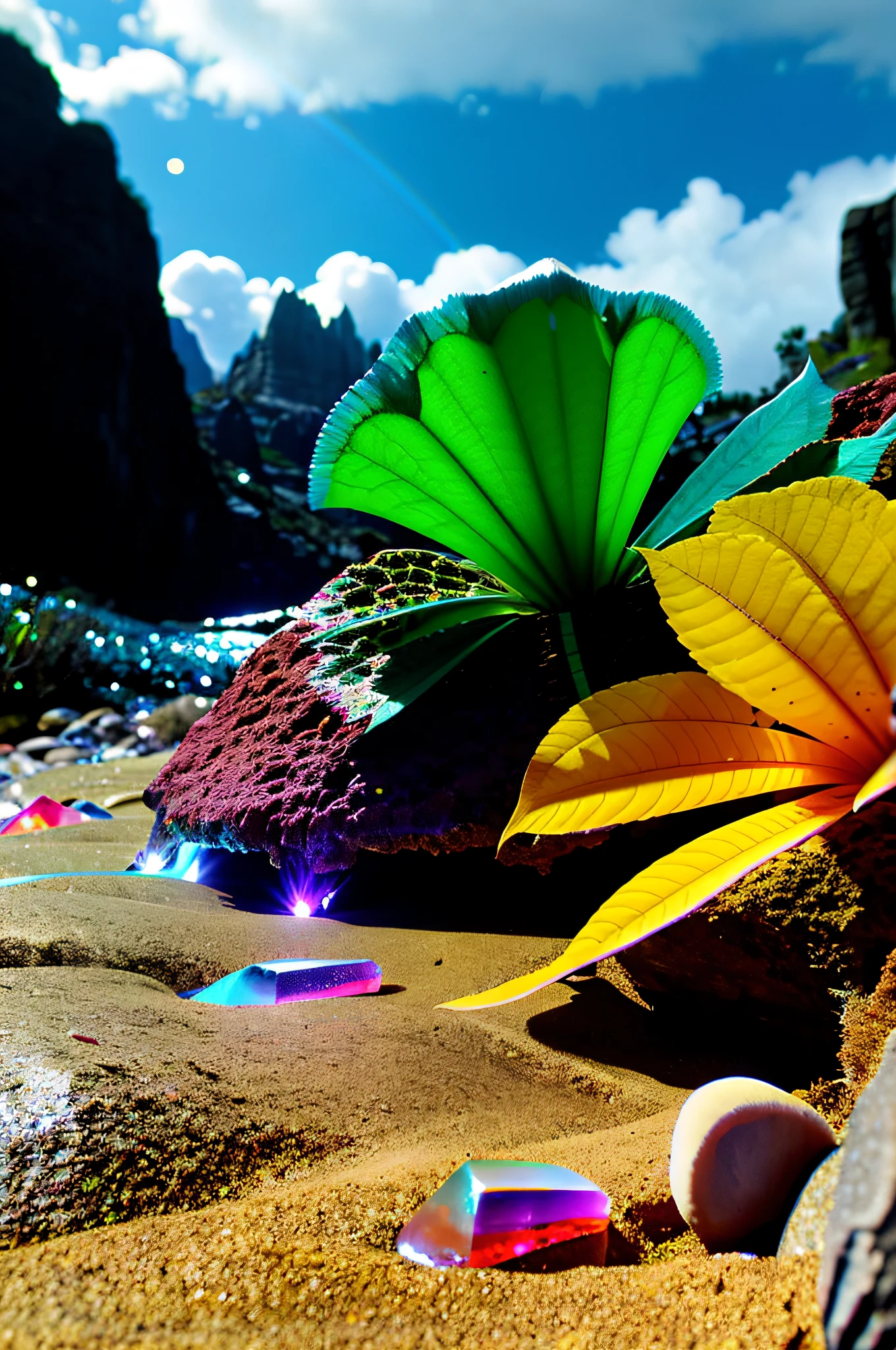 ((Skyrim view)), (hotsprings), ((big cave)), opalescent, (Photoluminescence), cave flowers, glowing mushrooms, fantasy, clear, Cinematic RAW photo, hyper real photo, ultrarealistic, 8k uhd, dslr, soft lighting, high quality, film grain, Fujifilm XT3, photographed on a Kodak Retina II Sanyo Xacti VPC-CA6, 50mm lens, Wide Angle, HDR, hyper-realistic, colorgraded, volumetric lighting, [volumetric fog, moist], shallow depth of field, reflections, photo, (sparkling) splashing rainbows, glistening, (iridescent), glowing, rainbow, glimmering, foam, wet, dripping, (crystals growing), (((secret treasure))), misty, mystical, enchanting, glittering, (masterpiece) (best quality) (detailed) (8k) (HDR) (wallpaper) (cinematic lighting) (sharp focus) (intricate), trail, cliffs, explore