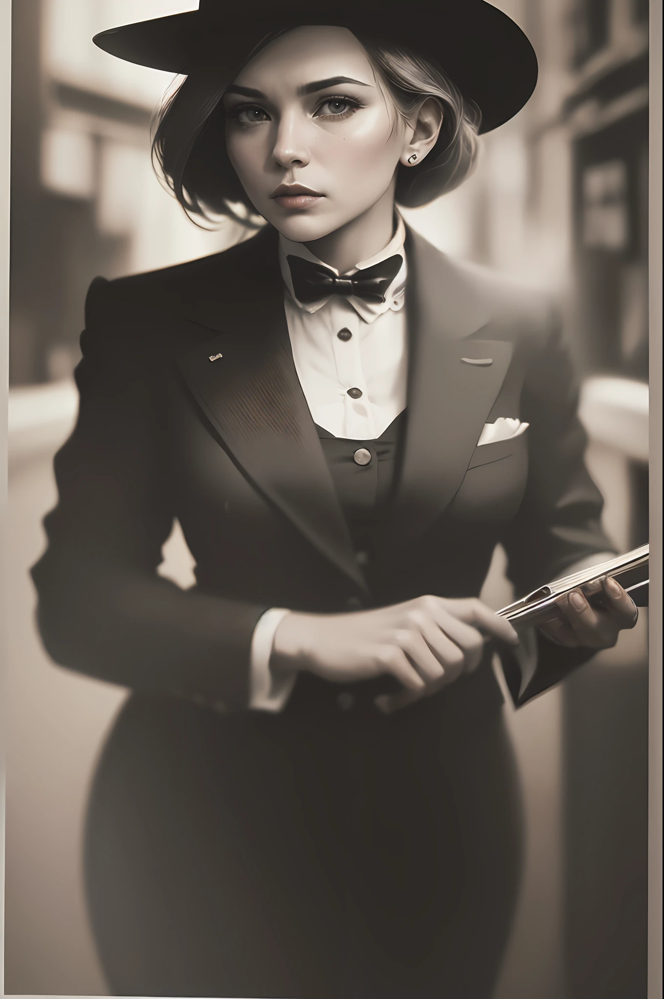 (masterspiece:1.3、absurdist、ultra-highres、ultra realisic、Highly detailed、photorealestic、Raw photo、Top image quality:1.4)、Dark photo、Realistic epic、higly detailed、New York in the 1930s、(Mafia Noir)、(Portrait of the female boss:1.3)、perfect faces、dignity、solemn、