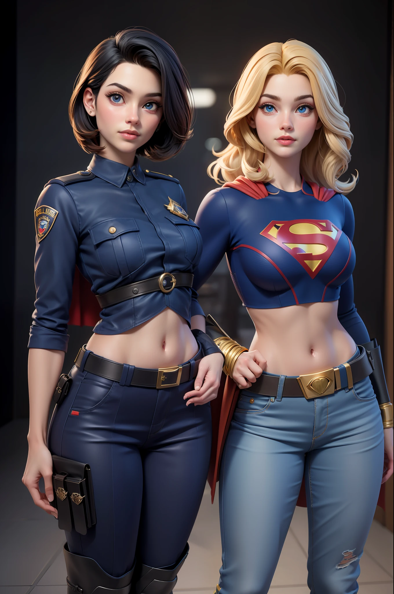 Estilo 3DMM,(Masterpiece, Qualidade Superior, melhor qualidade, cabelos loiro longos, Realistic, 1Menina, 20 anos, garota, melhor qualidade, detalhes intrincados, Olhando para o Viewer, ultra realista 8k CG, imagem rosto perfeito, Impeccable, limpo, Masterpiece, arte profissional, obras de arte famosas, film lighting, filme Bloom, rosto perfeito, beautiful face, Olhos azuis bonitos, blue police uniform Short-sleeved Supergirl, design ajustado, com letra S do superman
no peito, gold trim, brass buttons, peito duplo, gola alta , faixa preta e dourada, luvas de couro pretas, police badge, utility belt with pockets, algema, ammo, blue pants, botas de couro pretas, detalhes dourados,