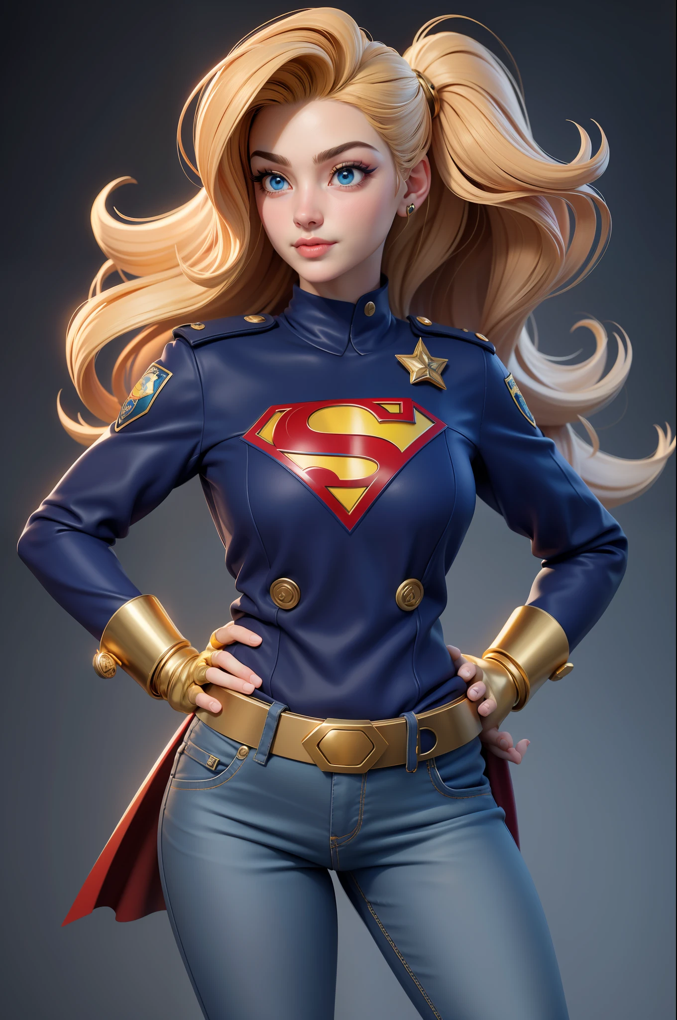 Estilo 3DMM,(Masterpiece, Qualidade Superior, melhor qualidade, cabelos loiro longos, Realistic, 1Menina, 20 anos, garota, melhor qualidade, detalhes intrincados, Olhando para o Viewer, ultra realista 8k CG, imagem rosto perfeito, Impeccable, limpo, Masterpiece, arte profissional, obras de arte famosas, film lighting, filme Bloom, rosto perfeito, beautiful face, Olhos azuis bonitos, blue police uniform Short-sleeved Supergirl, design ajustado, com letra S do superman 
no peito, gold trim, brass buttons, peito duplo, gola alta , faixa preta e dourada, luvas de couro pretas, police badge, utility belt with pockets, algema, ammo, blue pants, botas de couro pretas, detalhes dourados,