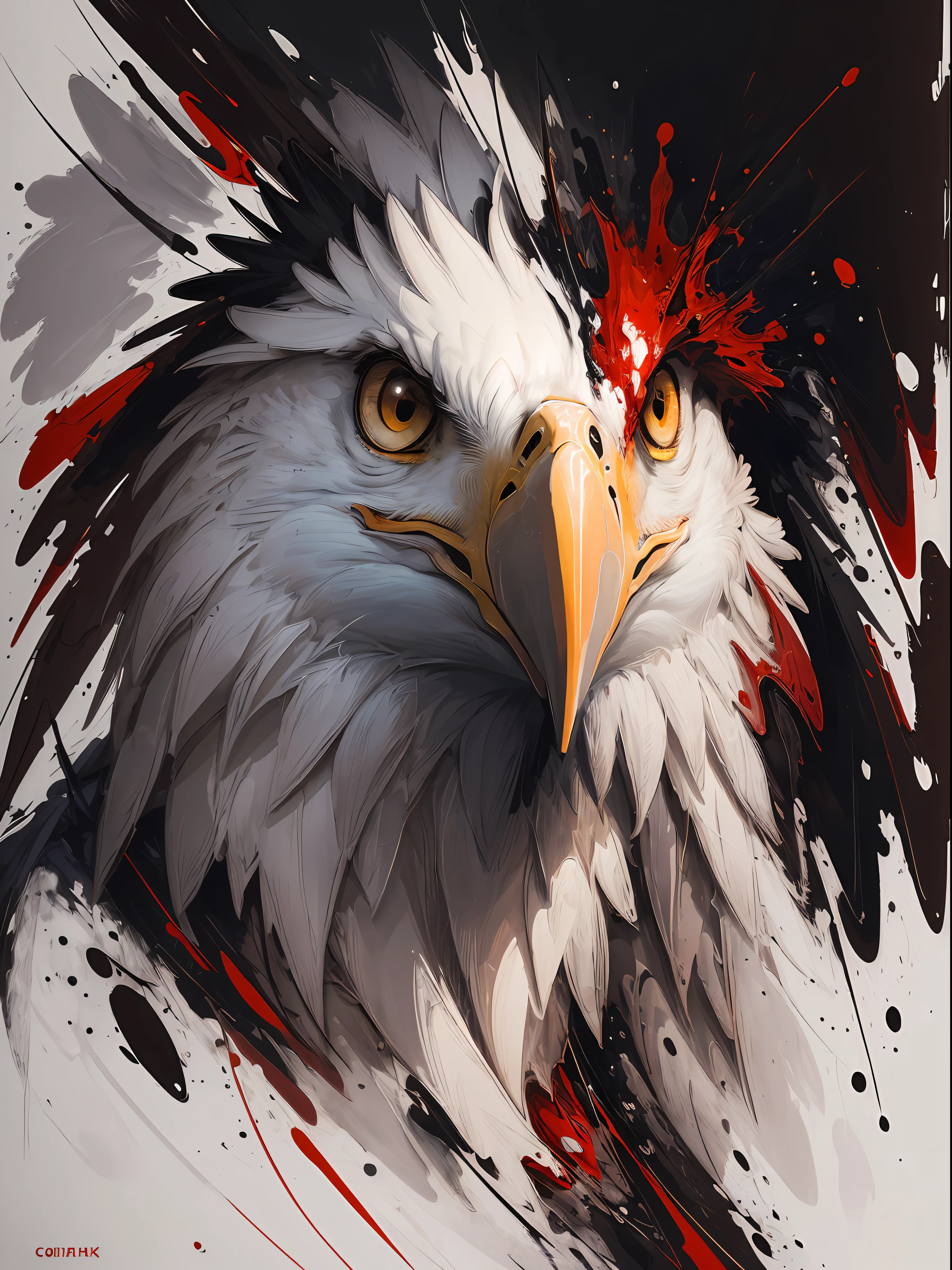 An image of a striking portrait of a [Eagle] , painted in a bold and expressive style, lit by a dramatic spotlight, extremely detailed, ultra realistic, 10k high resolution, in the style of caricature, cartoon, manga, Pop Art, Surrealism, Abstract Expressionism, Red and White --auto --s2
