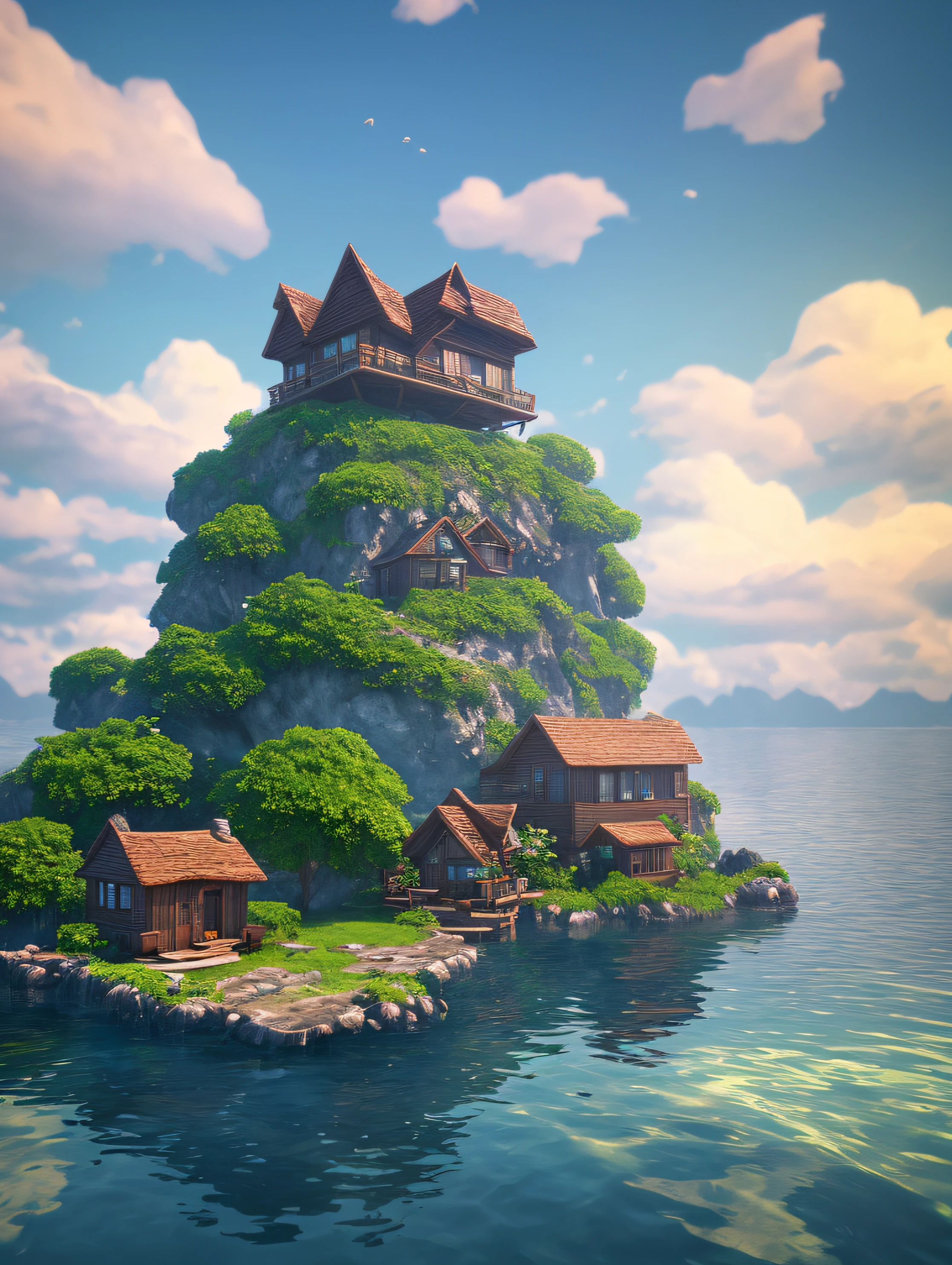 (masterpieces),(bestquality:1.0), (ultra highres:1.0),sea,White Sand Beach,Small House,Mountain view
