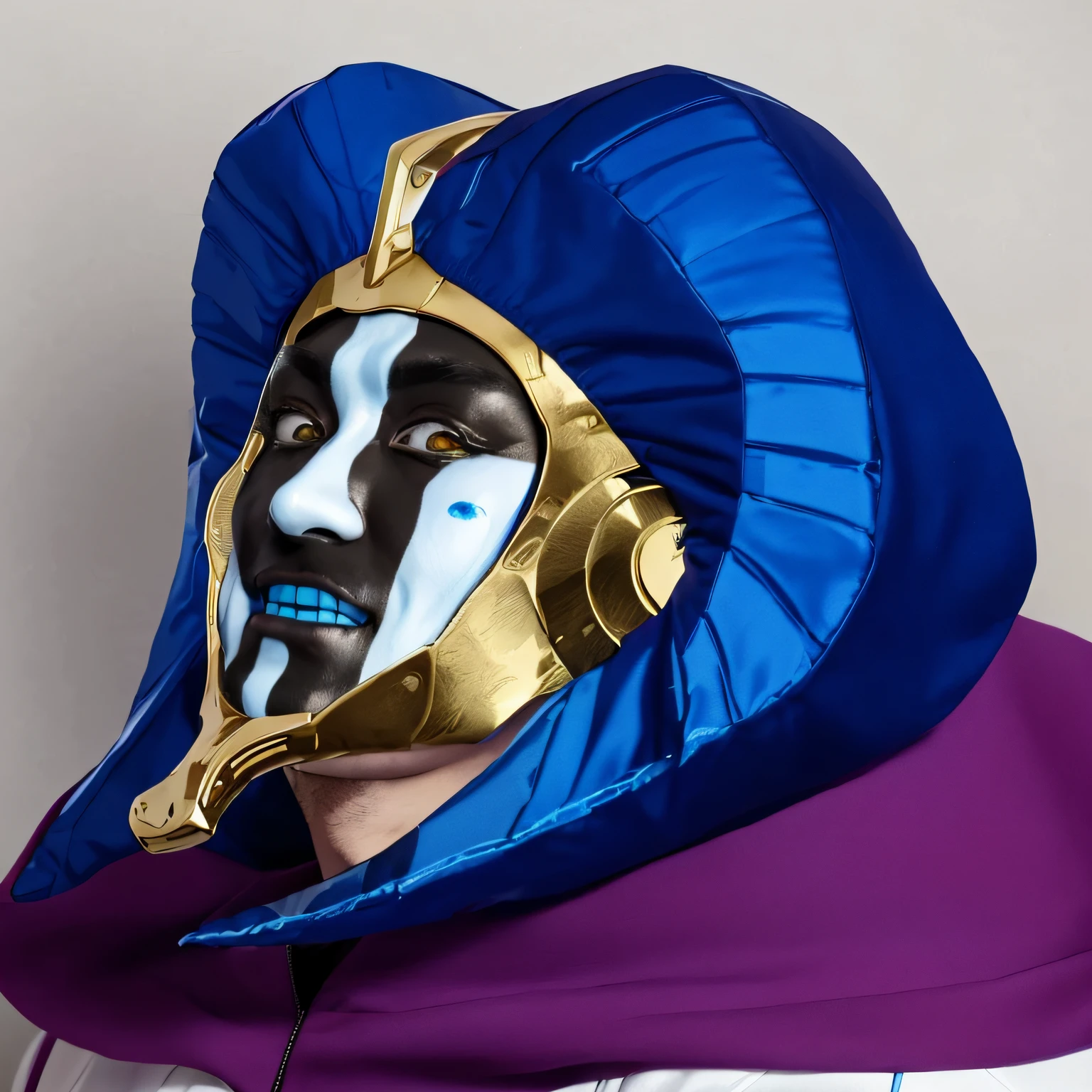 a close up of a person wearing a blue and gold costume, vega mask, portrait of destiny from sandman, male jester, kabuki mask, jester, jester themed, face of mad pulcinella, posing as a jojo character, zenyatta from overwatch, caleb from critical role, masamune shiro, the mask covers her entire face, court jester