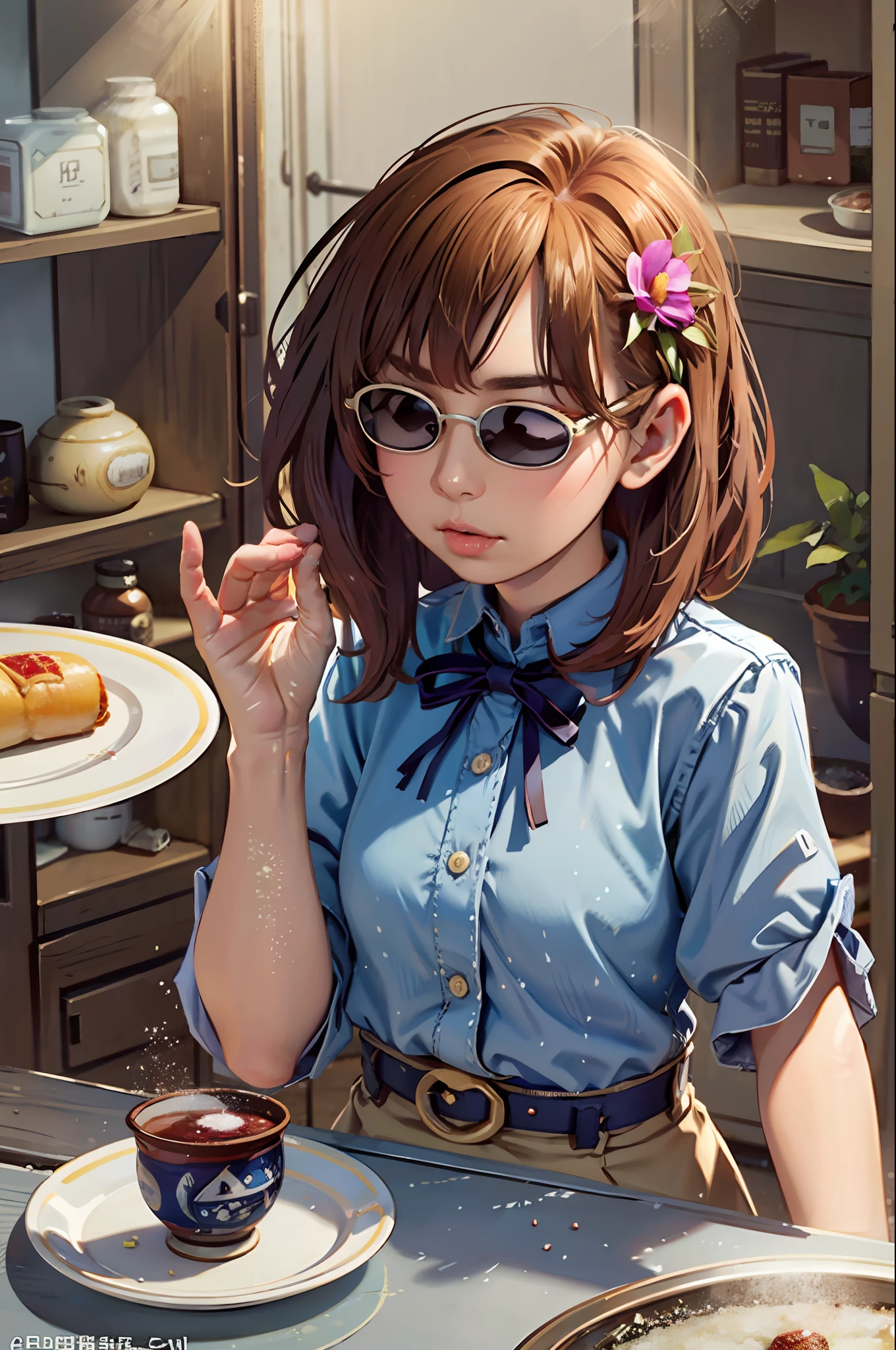 (masterpiece, high quality,best quality, extremely detailed, high resolution:1.1), girl salt SaltBaeMeme sunglases, YaeMikoFox sitting on plate,