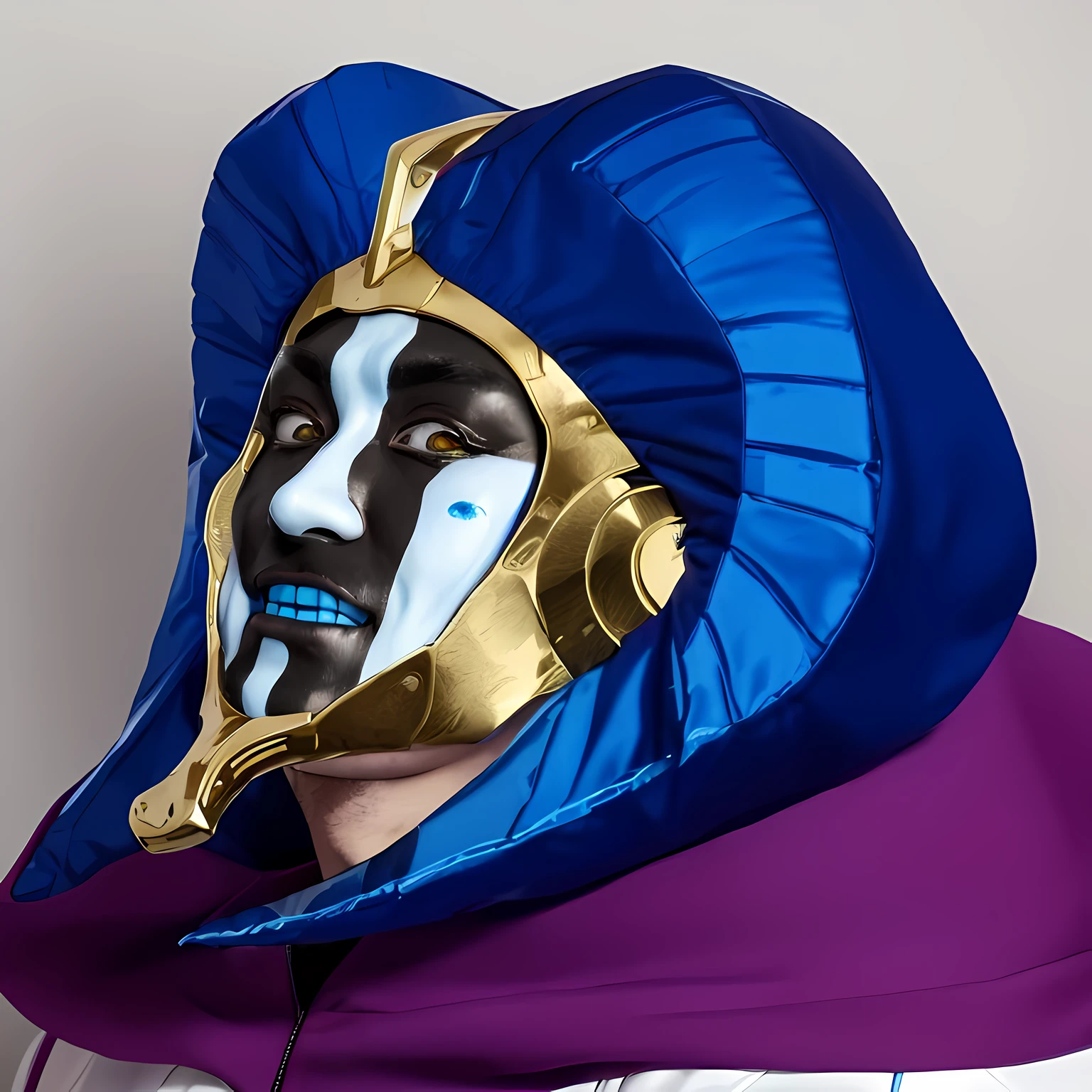 a close up of a person wearing a blue and gold costume, vega mask, portrait of destiny from sandman, male jester, kabuki mask, jester, jester themed, face of mad pulcinella, posing as a jojo character, zenyatta from overwatch, caleb from critical role, masamune shiro, the mask covers her entire face, court jester