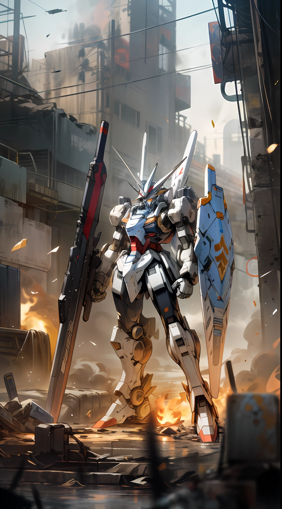 Surrealism, ray tracing, UHD, high details, 8k, best quality, textured skin, Gundam mech, masterpiece, best quality, mecha, unmanned, (full body), (white mech: 1.5), (axisymmetric: 1.4), (HDR), (movie light: 1.1), white eyes, cool, science fiction, fire, laser cannon beam, war, conflict, destroyed city background handheld weapon, (Holding a huge weapon: 1.5), holding an oversized shield, mech man,