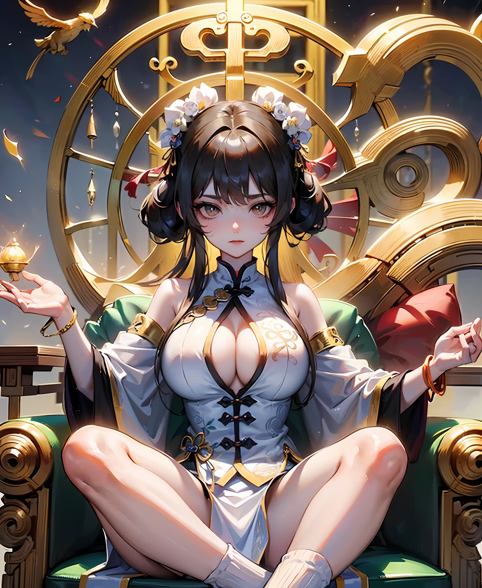 Queen Mother of the West,(The head of the Taoist fairy),Ancient Chinese immortals,Lord of the Heavenly Court,queen mother,Eternal life,(Noble temperament,Don't get angry),Elegance,Tao is natural,(Loli),10 anos de idade,(Super huge breasts),Chinese wind,Peach Conference,Celestial,Temple,mansion,Taoist goddess,((white daoist robes)),Lotus throne,White cloth socks,((Meditate cross-legged)),Perfect flesh full of texture,Captivating visual treat,Pure black coiled hair,Hair is supple,Jasper hairpin,Jasper bracelet,Magic weapon,((best qualitiy)),((杰作)),MAXIMUM DEFINITION,illutst,(Super detailed face),(Perfect face),Ultra HD detail display,Excellent image performance,High quality illustrations,Perfect fit to harmonious tones,Deep lines,Precise brushstrokes,complicated detail