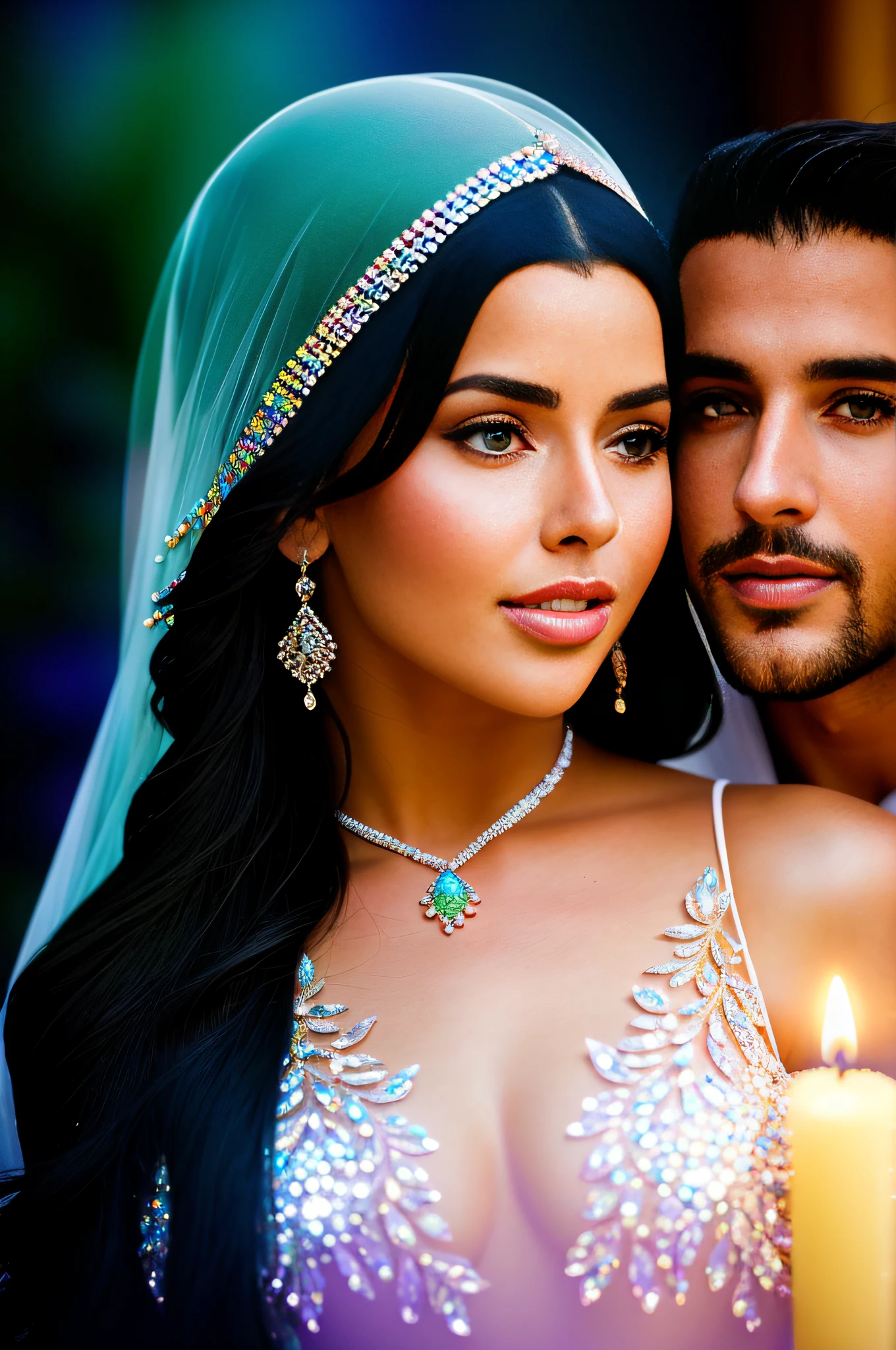 ((Ouarzazate in background)), (chefchaouen), (riad) photo, ((hugging)), ((((1 man and 1 woman hugging)))), sparkling splashing rainbows, curvy, (((clear straight even bright eyes))), (((woman has super long hair))) (((man has short hair))), flowing, glistening, iridescent sheer dress hooded kaftan abaya, riad fountain, glimmering, sweating, crystal jewels, melting, shimmering, glowing flowers (masterpiece) (best quality) (detailed) (8k) (HDR) (wallpaper) (cinematic lighting) (sharp focus) (intricate) opalescent, Photoluminescence, treasure, mystical, fantasy, exotic lights, gems, (Moroccan candles), sunrays, ((desert oasis)), Ouzoud waterfalls, Tastir, arabesque, safi, (sanddunes), sand, palm trees, opalescent, Photoluminescence lights, (gems growing), glowing desert flowers, fantasy, clear, Cinematic RAW photo, hyper real photo, ultrarealistic, 8k uhd, dslr, soft lighting, high quality, film grain, Fujifilm XT3, photographed on a Kodak Retina II Sanyo Xacti VPC-CA6, 50mm lens, Wide Angle, HDR, hyper-realistic, colorgraded, volumetric lighting, [volumetric fog, moist], shallow depth of field, reflections, photo, (sparkling) splashing rainbows, glistening, (iridescent), glowing, glimmering, crystals, ((secret treasure in it)), mystical, enchanting, glittering, ((1 Moroccan man)), ((1 white woman)). mist, wish, (longing) (together love), ((true love)), romantic, ((riad bed)), ((((heterosexual relationship only)))), twinflame, soulmates, (1 male and 1 female together), romantic,