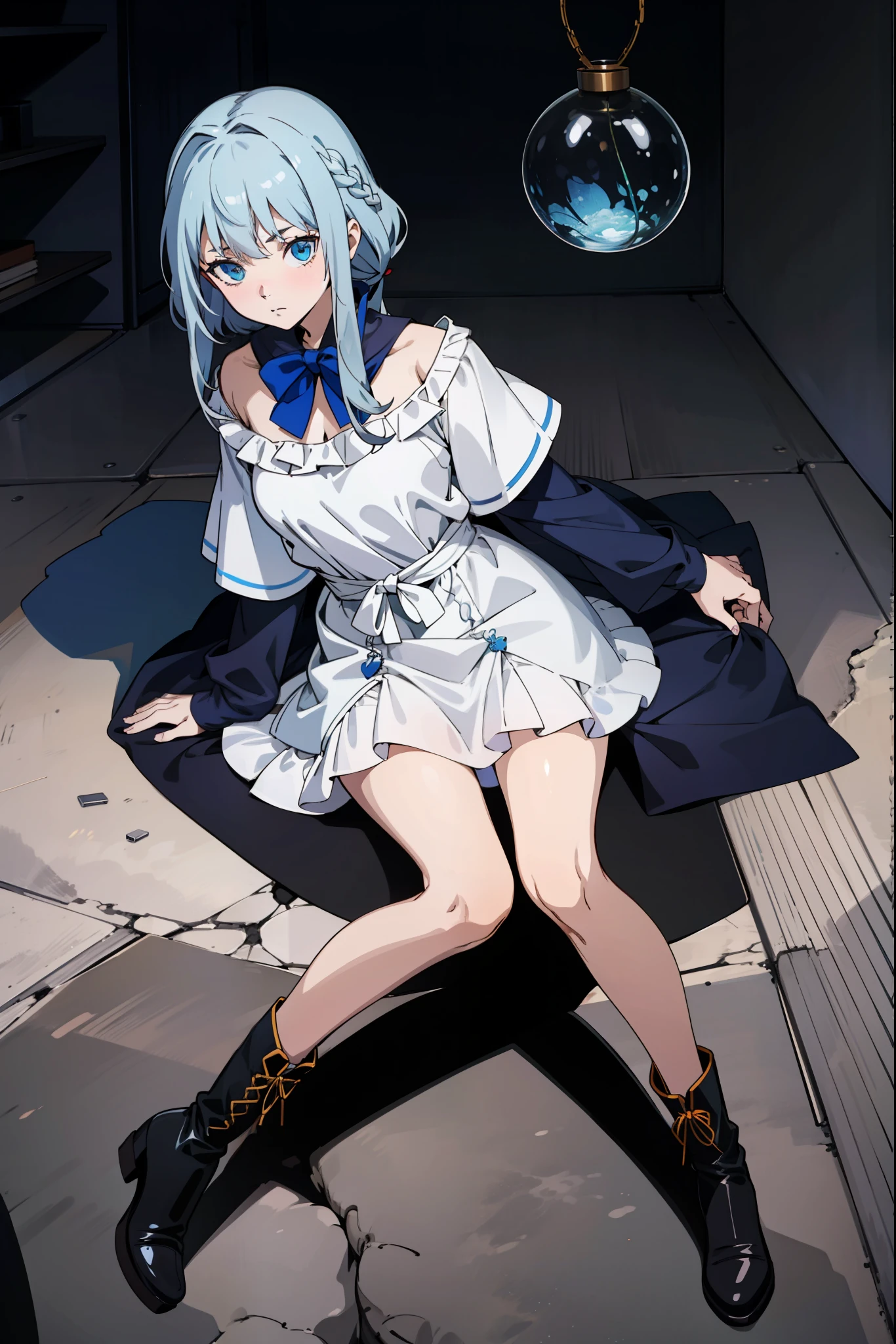 Masterpiece, Best quality, Masterpiece,Best quality,officlal art,Extremely detailed CG unity 8k wallpaper, dusk, strong rim light, intense shadow, Game_CG, girl, hair between eyes, Blue eyes, Small breasts, tsurime, midium hair, White hair, endured_face, arched_back, arm_support, Kneeling, naughty_face, serafuku,