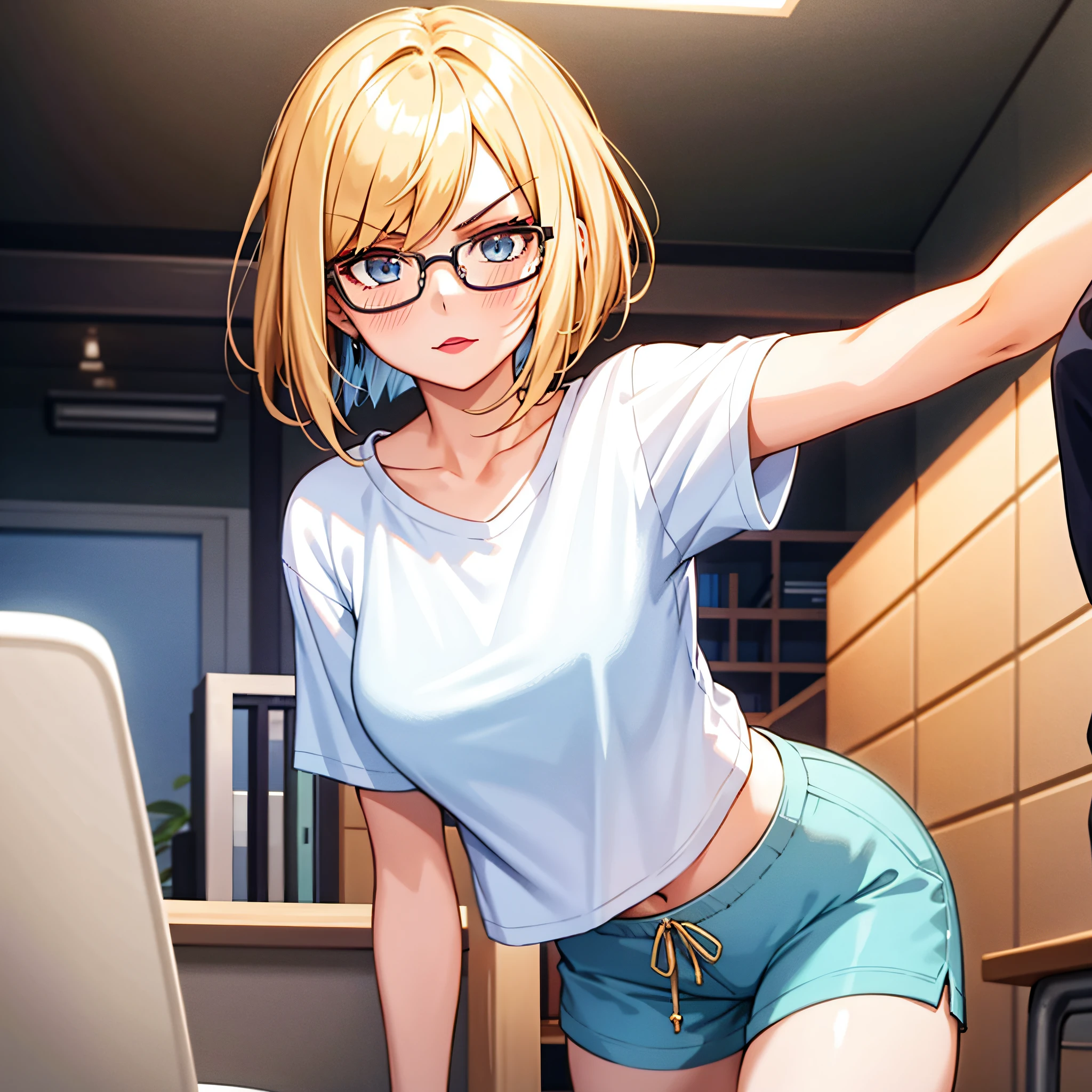 1girl, 2solo focus, Beautiful anime portrait of a preppy college girl with a blond pixie bob haircut wearing a light blue t-shirt and white shorts, glasses, dark eyeliner, peach-colored lipstick, leaning towards the viewer aggressively, mocking expression, bully, student union building, interior, afternoon, masterpiece, 8k, volumetric lighting, front view