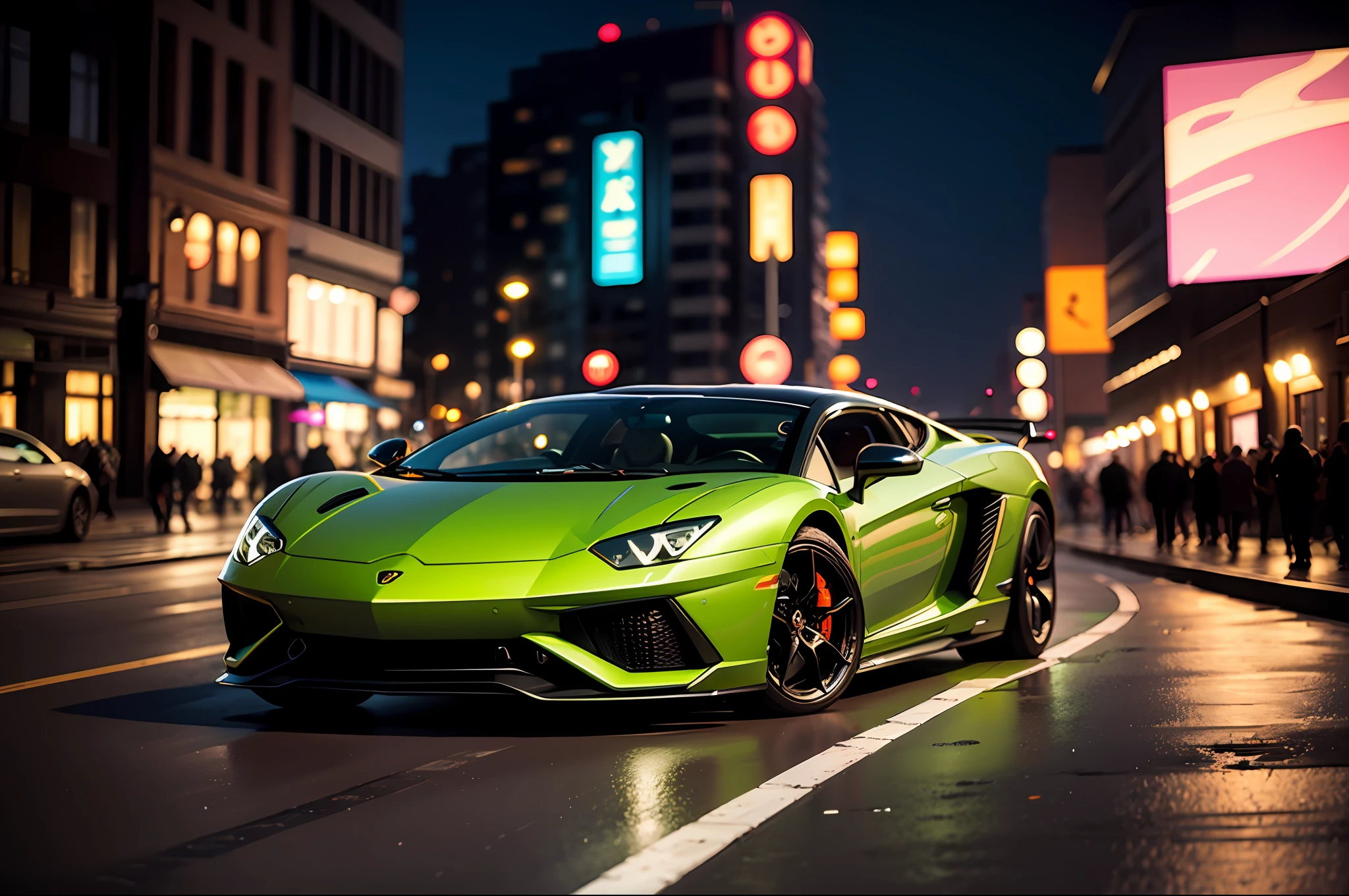 A frontal shot of a green LamboAvent at night, neon light under the car