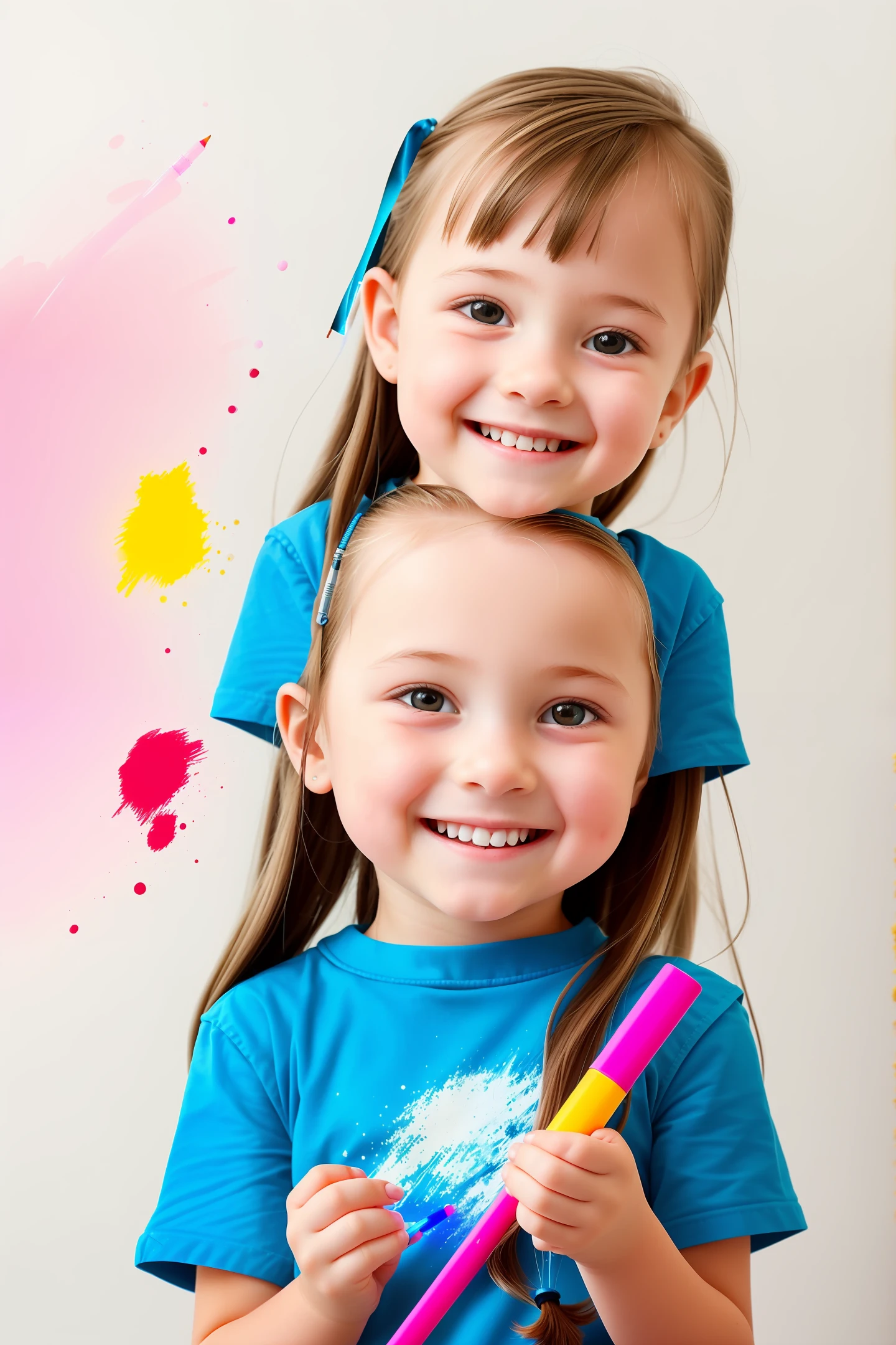 A little girl with a bright smile holds a glowing pen，It is used in many colored pencils，Surrounded by brushes and paints of various colors，Warm sunlight sprinkles on it，Added a playful vibe， --v6