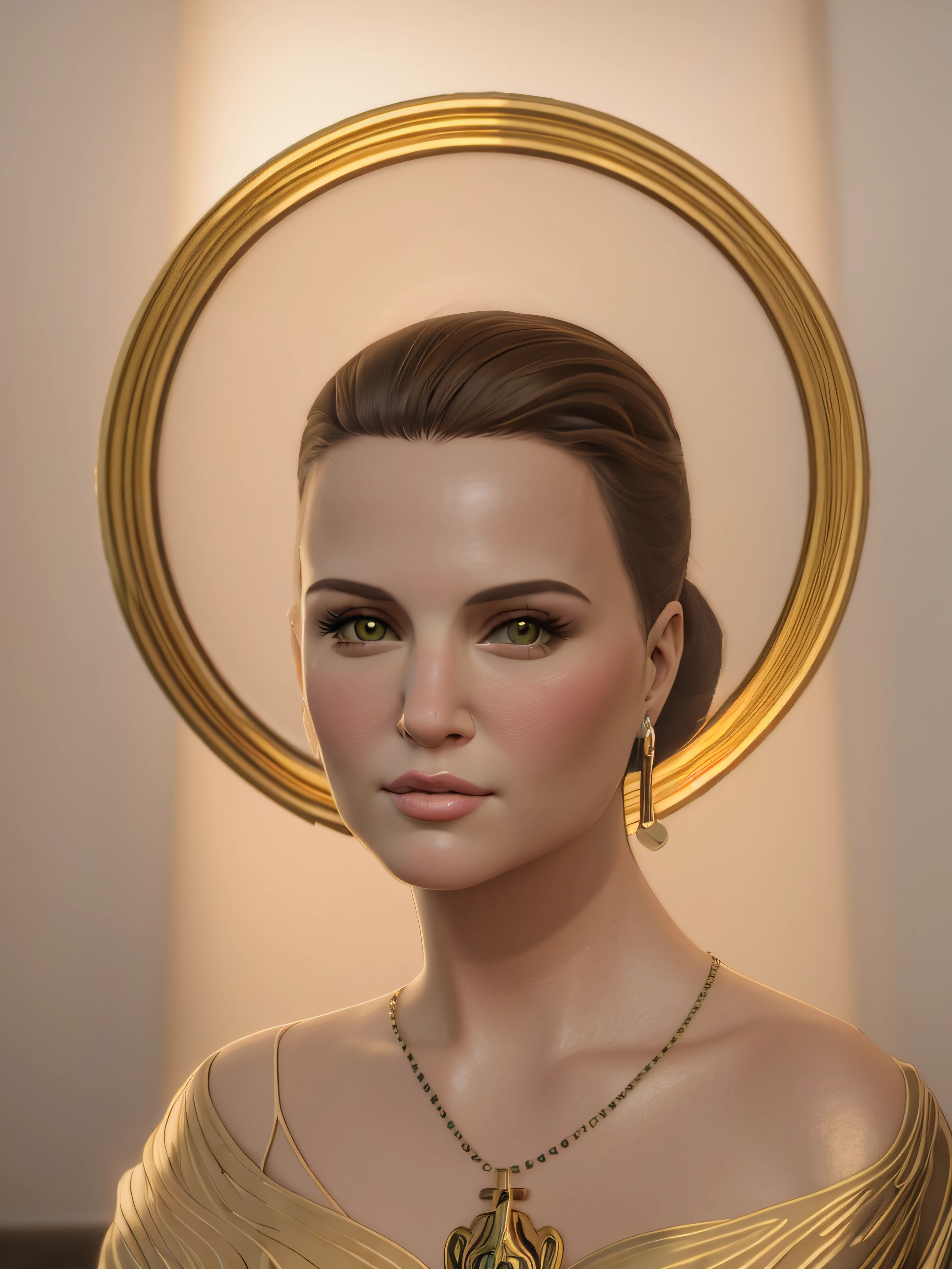 a painting of a woman with a cross and a halo, brinco de luxo, colar com joia adornada, Retrato de Natalie Portman, Natalie Portman como uma deusa, Arte no estilo de Terry Moore, arte digital de um elegante, Padme Amidala |, fan art, Retrato da Deusa, Retrato da deusa 3D, No estilo de arte de Bowater, Arte digital H 9 6 0, art deco portrait
