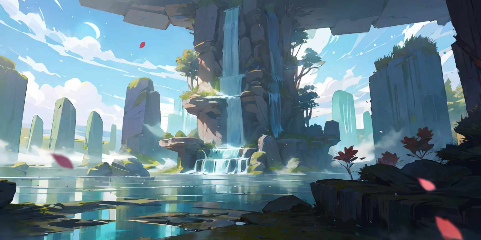 (杰作,best qualitiy,high resolusion,ultra_detailed:1.2),
(detailed_background),scenecy,((darkness,night:1.5,The moon,starry skies,milky_way)),((blooms:1.6)),
fantastical, light_particles,,relic, ponds|rivers, Stone forest|stone pillar, water fall, cliffs, sakuga, afloat, Style petals:0.5, (Style - Inner cloth magic:1.5), mist:0.4