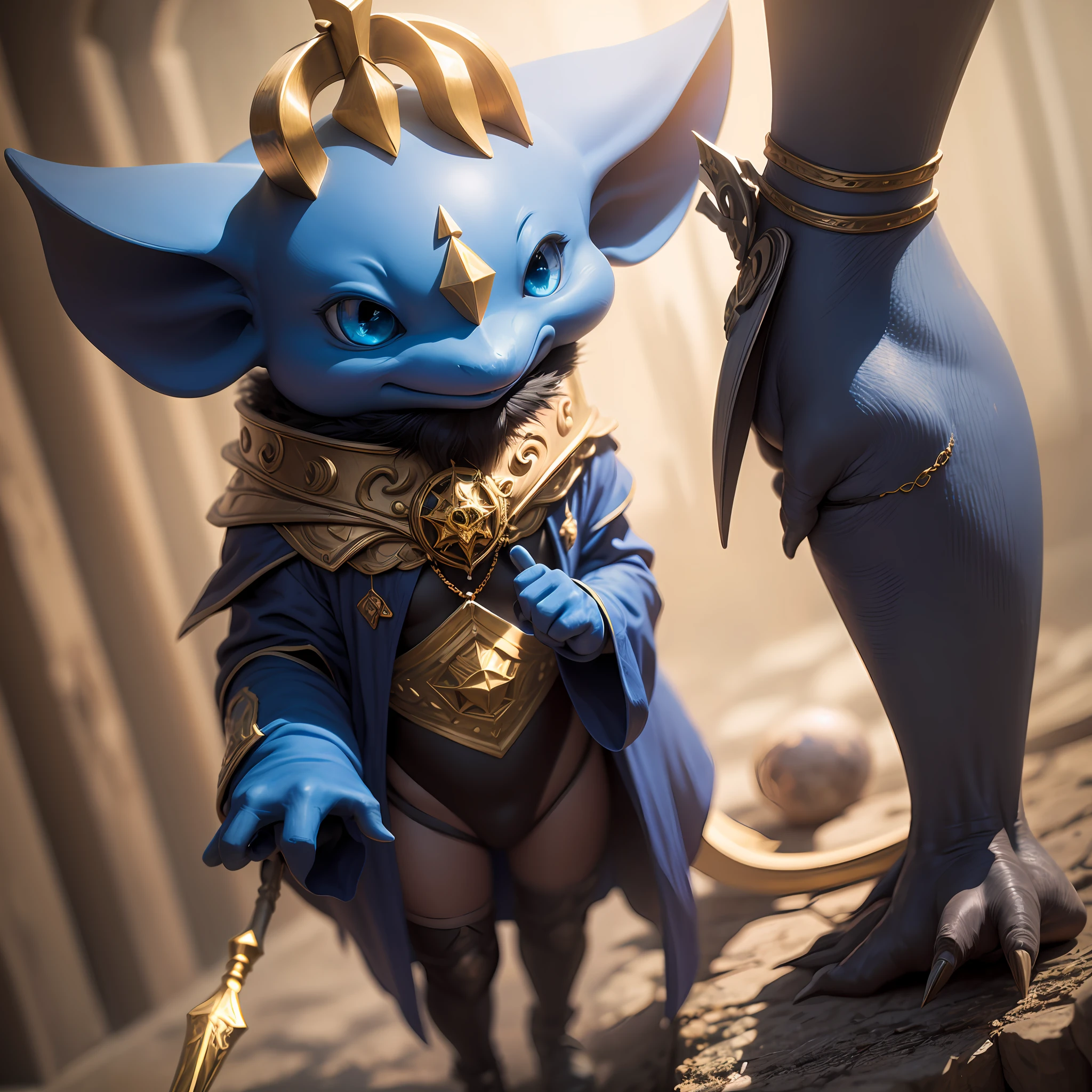 Una rata color azul usando un casco Espartano color dorado y en sus manos grandes espadas de aspecto feroz --auto