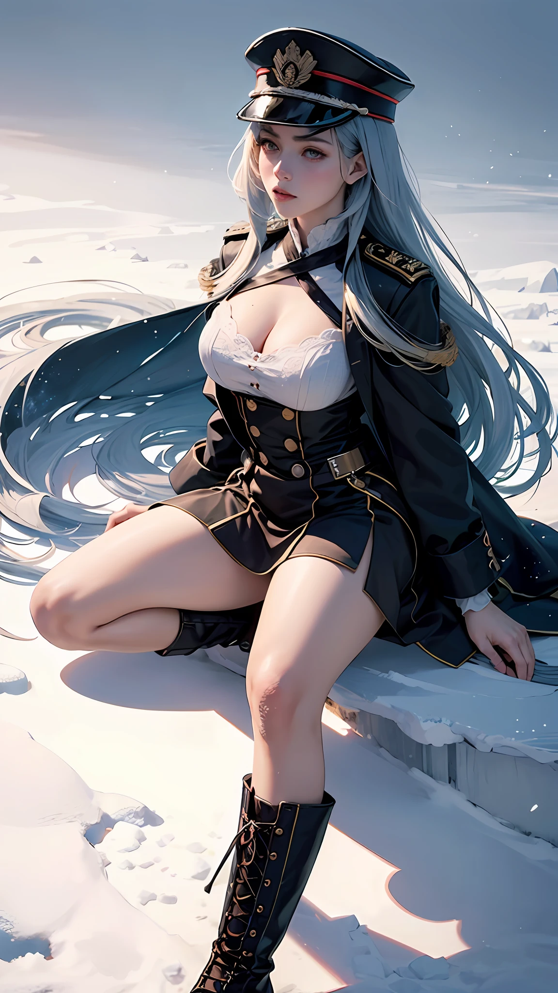 1girls, female mage，Delicate and beautiful face, get  blush, Blue pupil，blue hairs，long hair flowing，Angry, Parting lips, Busty chest，Convex buttocks，White military uniform, White military cap，White lace-up boots，perfectly proportioned, Detailed clothing details, Magic Array，Ice and snow effects，Cinematic lighting, filmgrain, Fujicolor, Contrast of light and shade, 8K, Masterpiece, Textured skin, Super detail, hight detail, High quality, high resolusion,