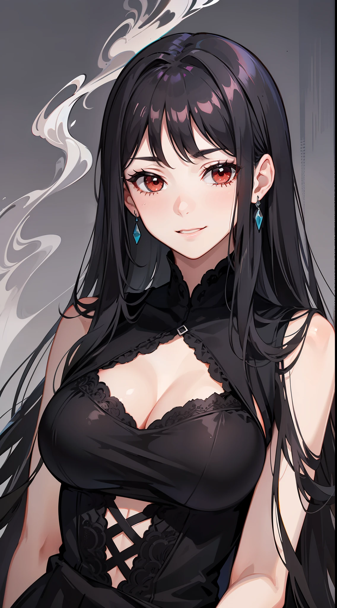 Adult gray woman, long black hair, red eyes, gray skin, Rich black dress, smirk, Smoke, The Masterpiece, hig quality