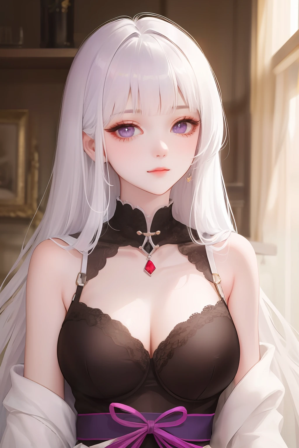 whitehair,iwhite colored hair,Shy face,Redfaced,Lori,underboobs,semi-,Cleavage,cleavage of the breast,Breast patches, breasts out,Blunt Bangs,Super beautiful face,shinning eyes,Korean makeup,1个女孩,Purple eye,Flamboyant hair,Close up of,sportrait,brushwork,prette