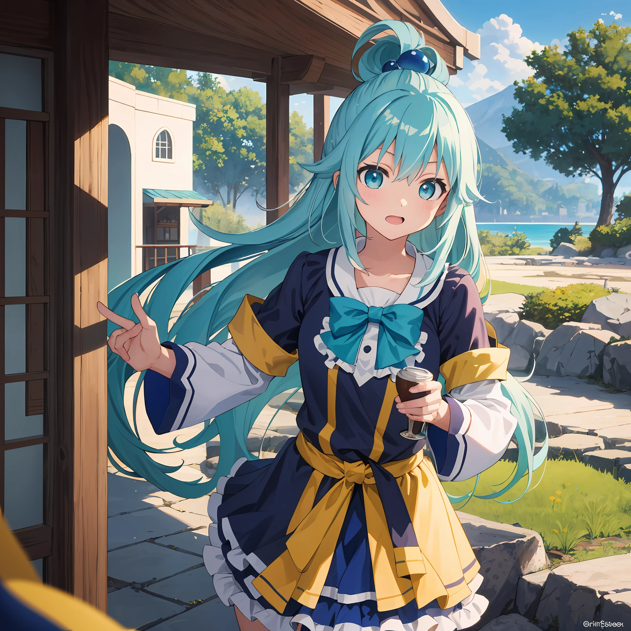 AS-Youngest, obra-prima, melhor qualidade, 1girl, aqua_konosuba, cabelo azul claro, cabelo longo, olhos azuis.