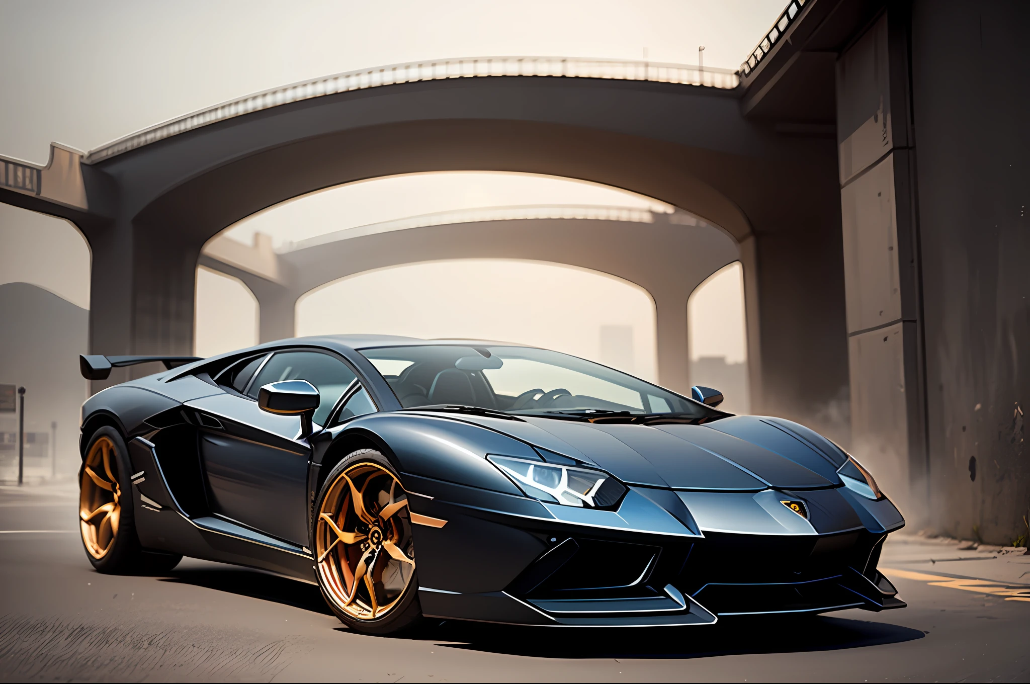 matte black lamborghini aventador supercar, Low angle, Moody lighting, Digital painting, Artstation, Concept art, Highly detailed, Sharp focus, by greg rutkowski and artgerm.